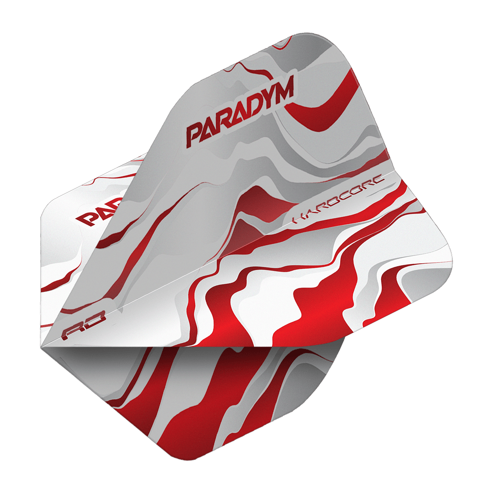 Zu sehen sind Red Dragon Hardcore Premium Paradym Red Premium No2 Standard Flights. Dieses Dart-Flight-Set besticht durch ein rotes Premium-Design.