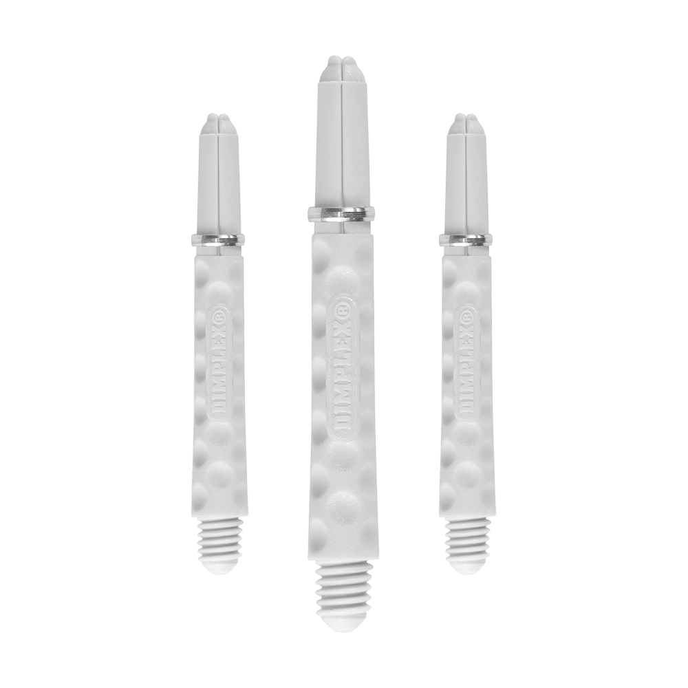 Harrows Dimplex Shafts - Weiß Auf dem Bild sind drei weiße Dart-Schäfte mit dimplex Struktur zu sehen. Sie stehen nebeneinander, wobei der mittlere Schaft etwas länger ist als die beiden äußeren.