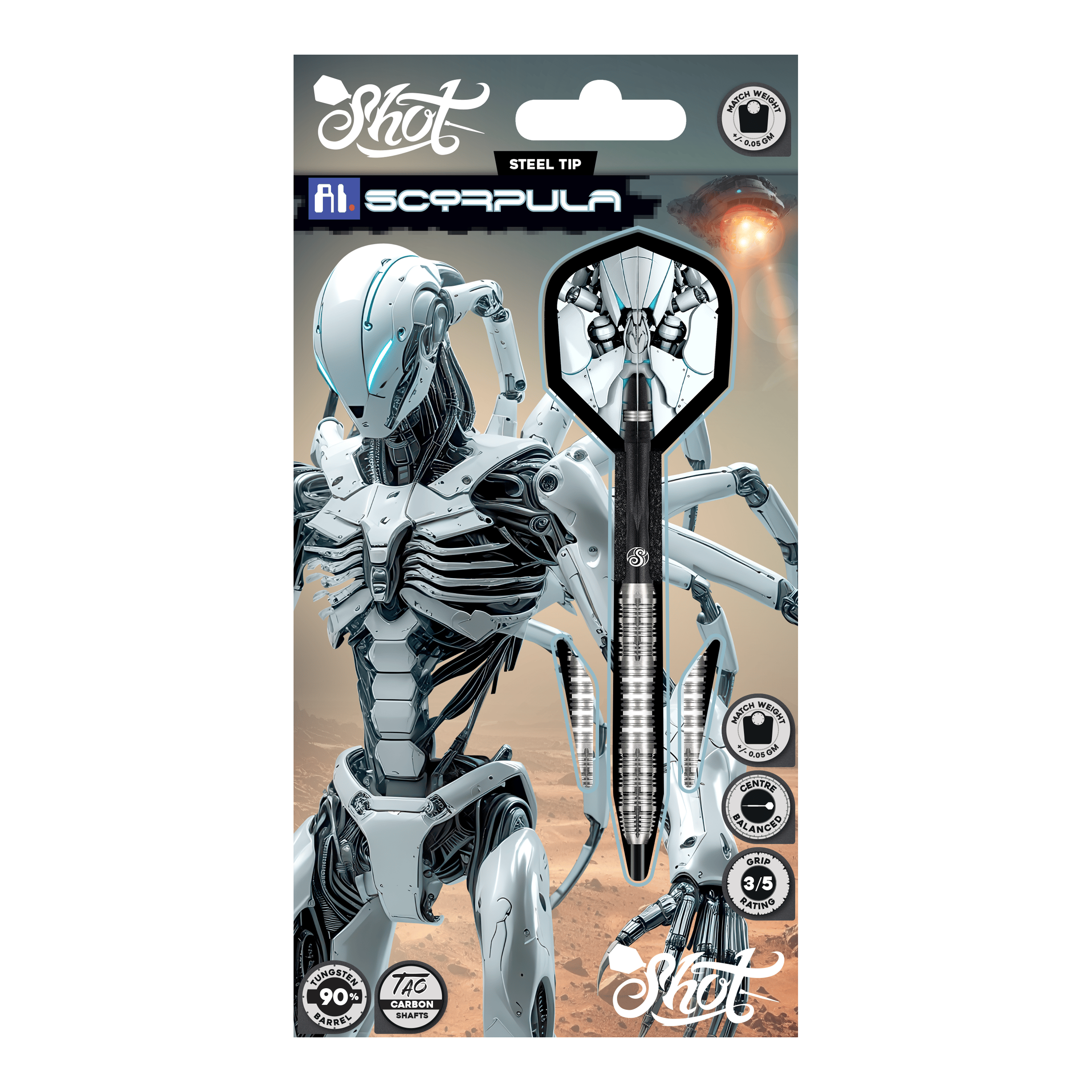 Das Bild zeigt die Shot AI Scorpula Steeldarts. Die Darts haben ein modernes und auffälliges Design.