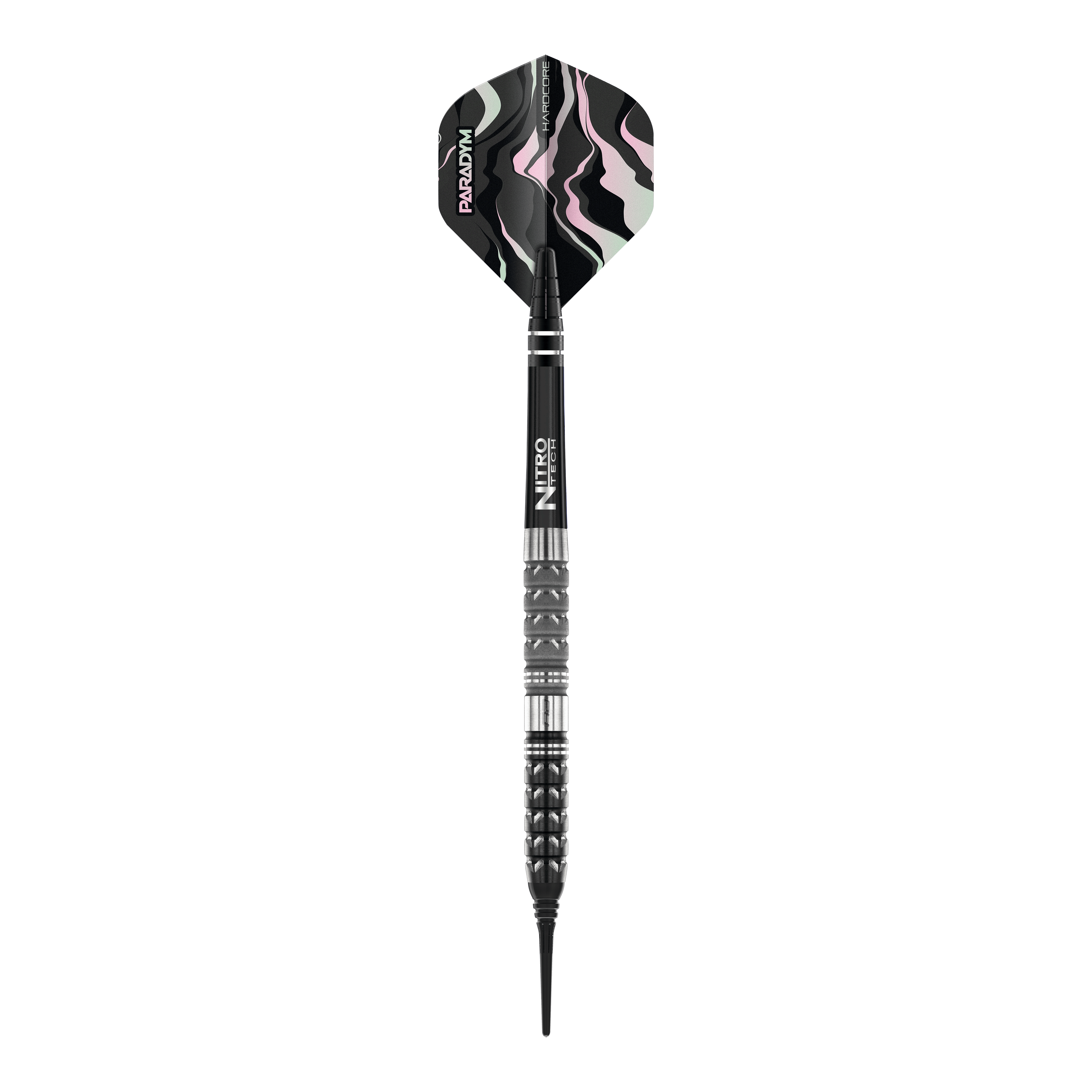 Šipky Red Dragon Paradym Tapered Soft - 20g Das Bild zeigt einen Red Dragon Paradym Tapered Softdart mit 20g Gewicht. Der Dart hat ein modernes, schwarzes Design mit Details in Silber und einem gemusterten Flight.
