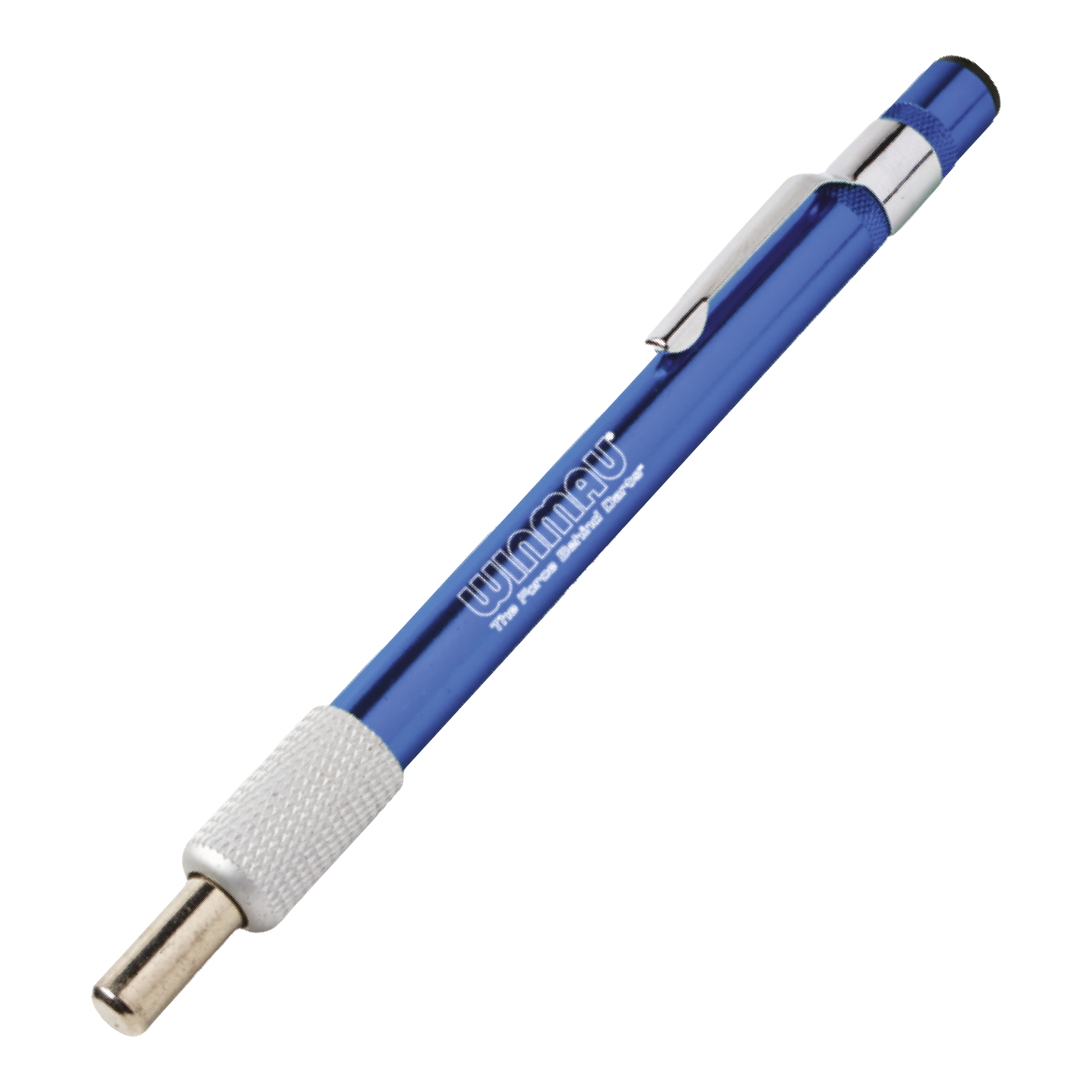 Ein blauer Schleifstein für Dartspitzen ist abgebildet. Das Produkt dient dazu, die Spitzen von Darts zu schärfen.