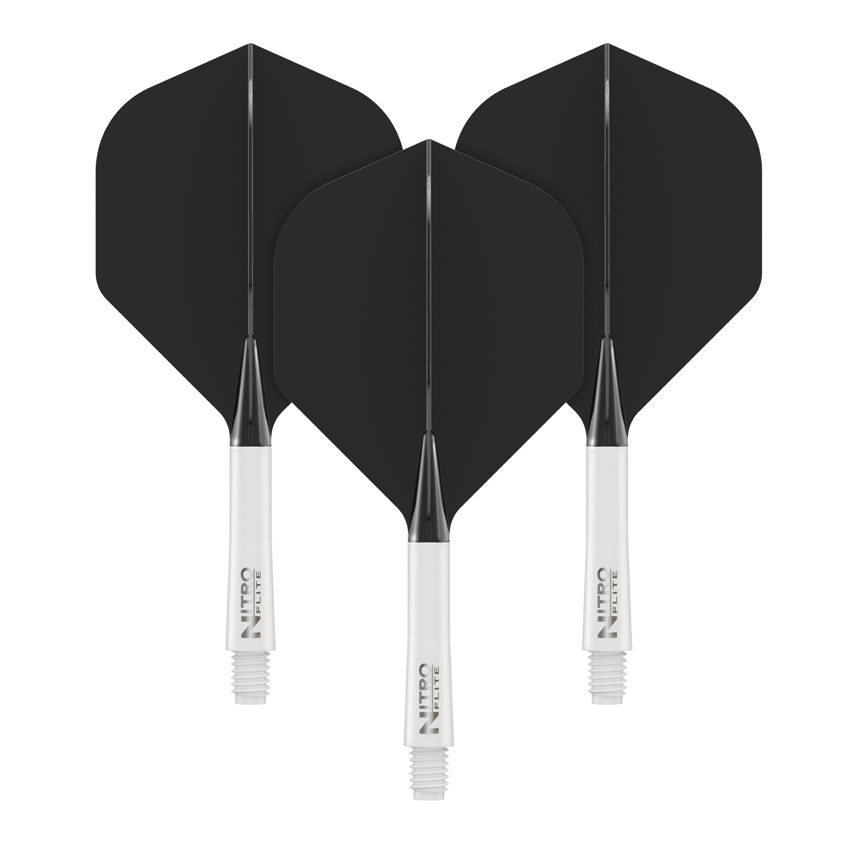 Red Dragon Nitroflite - White Shaft Black No2 Flights Auf dem Bild sind drei schwarze Dartflights mit weißen Shafts zu sehen. Sie stehen nebeneinander und zeigen das gleiche Design.