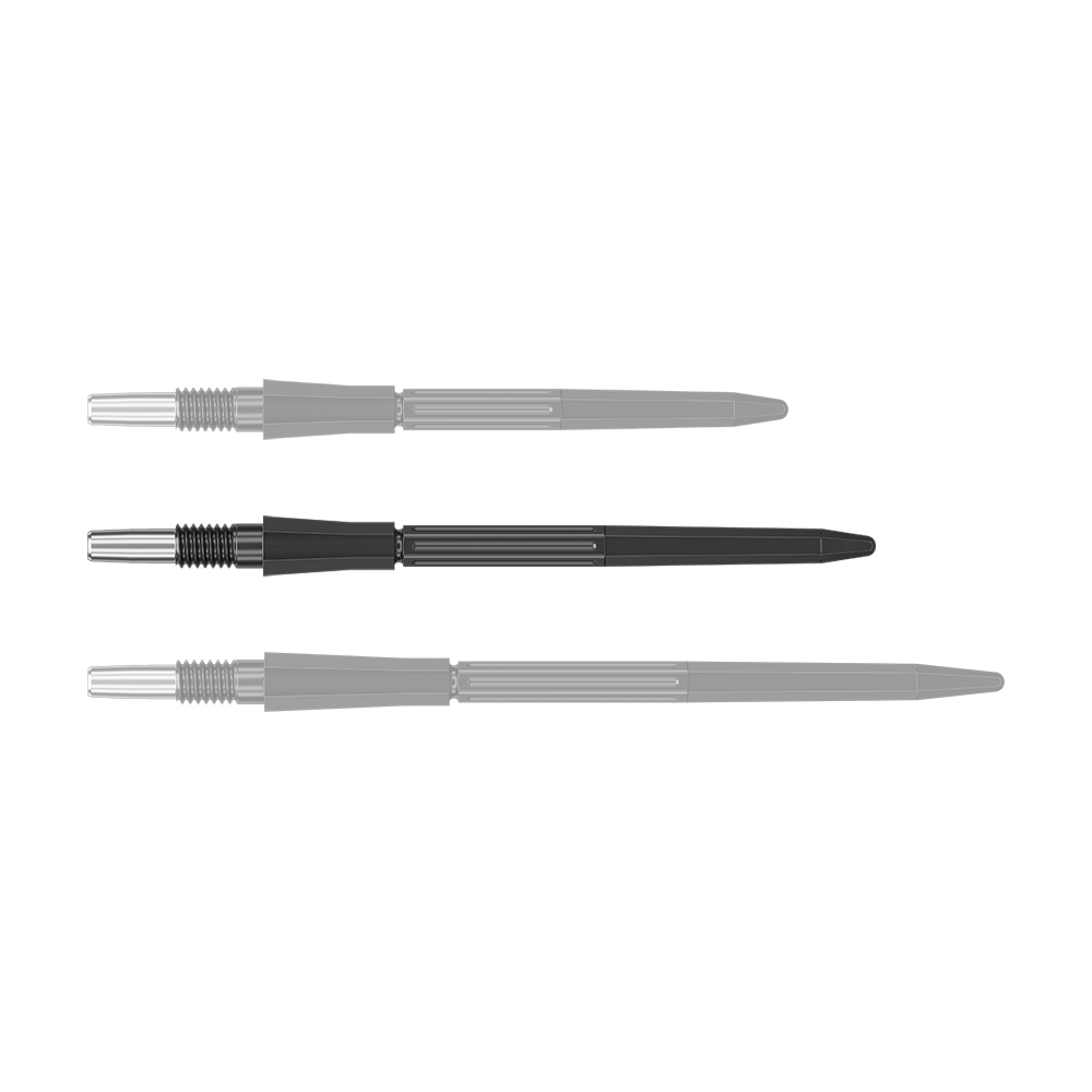 Target Elysian Archetype 43 Swiss Point Steeldartspitzen - Schwarz Ein schwarzer Dartspitzenaufsatz ist auf dem Bild zu sehen. Die Spitze ist 35 mm lang.