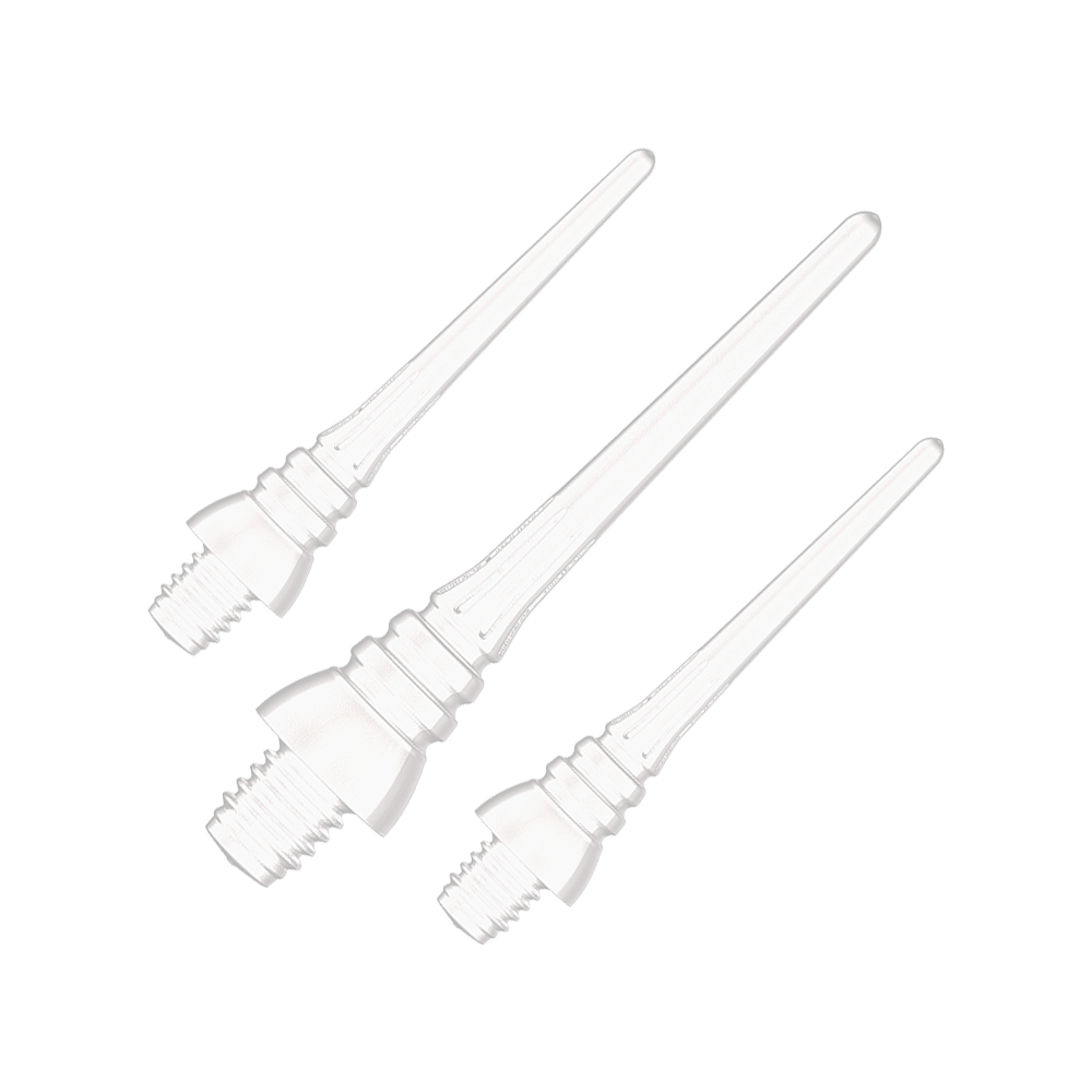 Winmau Triton Softtip Points Softdartspitzen (50-er Pack) Auf dem Bild sind drei weiße Softdartspitzen mit Gewinde zu sehen. Sie liegen nebeneinander auf einem weißen Hintergrund.