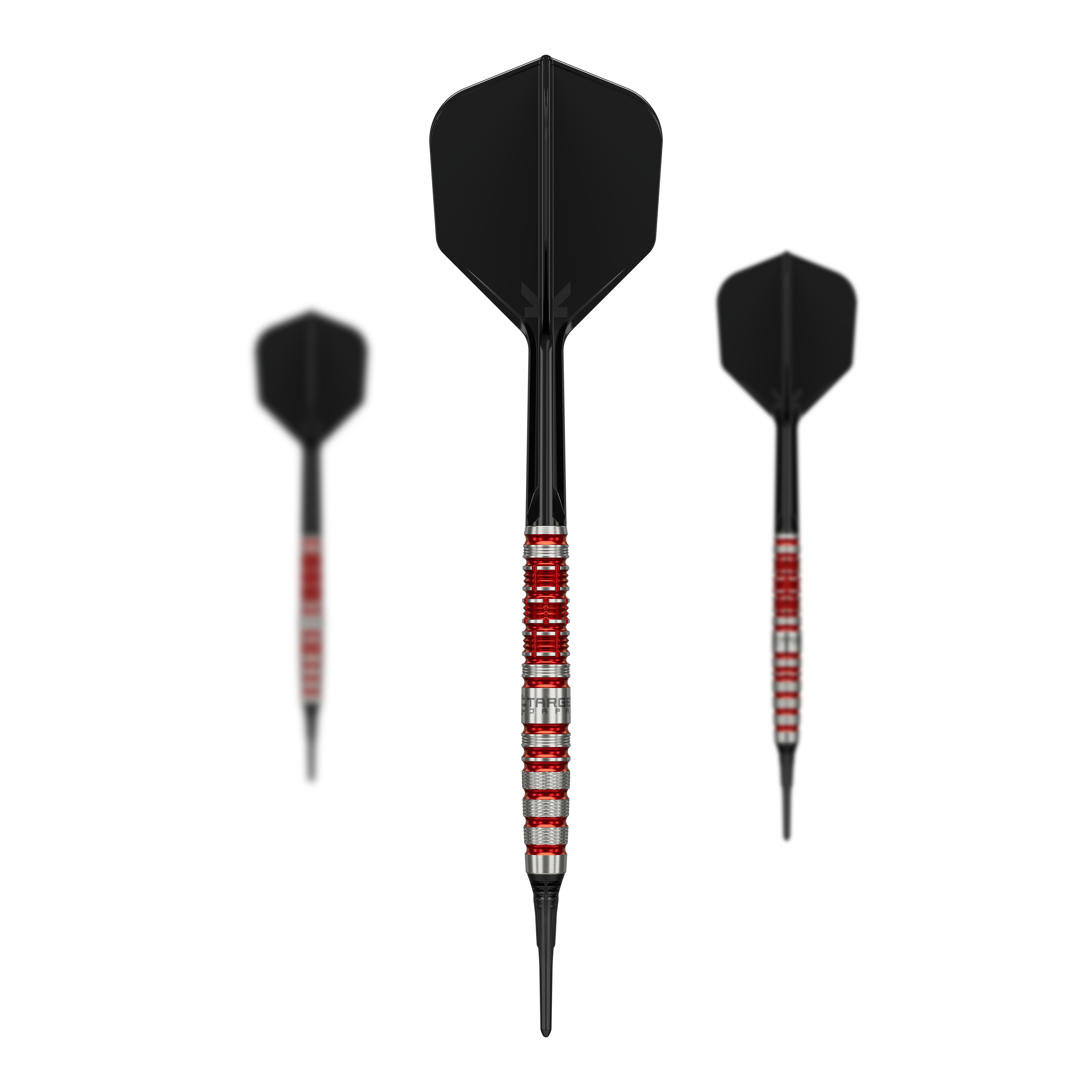 Target Black Marque Spinel Softdarts - 21,5g ist ein Softdart-Set für präzises Spiel. Das Bild zeigt alle Komponenten des Sets auf einen Blick.