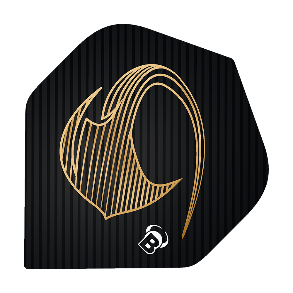 Bulls Metrixx Stingray No2 Voli Standard Das Bild zeigt ein schwarzes Dart Flight mit einem goldenen, stilisierten Stingray-Design. Unten ist ein kleines weißes "B" Logo abgebildet.