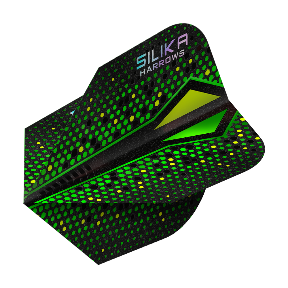Harrows Silika Colorshift Tough Crystalline Coating Green-X No6 Flights Die Abbildung zeigt die Harrows Silika Colourshift Tough Crystalline Coating Green-X No6 Flights. Das Produkt hebt sich durch ein farbiges Design hervor.