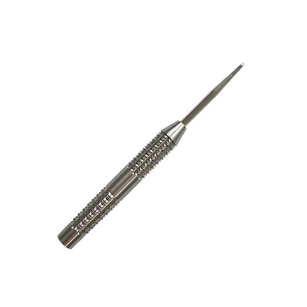 Canne per freccette in acciaio SilverGrip McDart Das Bild zeigt einen silbernen Steeldart-Barrel mit feinem Rillenmuster für besseren Halt. Es handelt sich um das Produkt "McDart SilverGrip Steeldart Barrels".