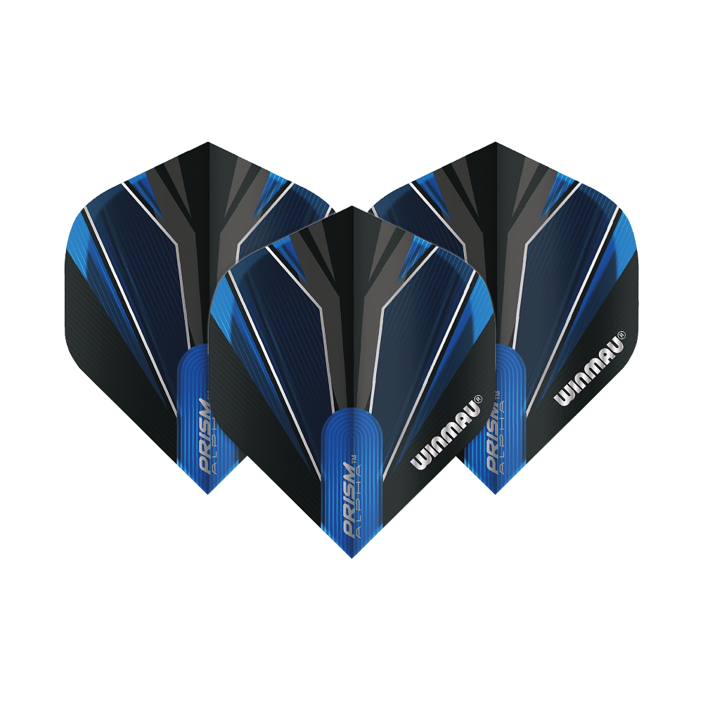6915-153_Winmau_Prism_Alpha_Blue_Standard_Flights_1t8JGRceeogJn1 Das Bild zeigt drei Winmau Prism Alpha Blue Standard 2 Flights für Dartpfeile. Sie sind in Schwarz und Blau mit markanten Linien und dem Winmau-Logo gestaltet.