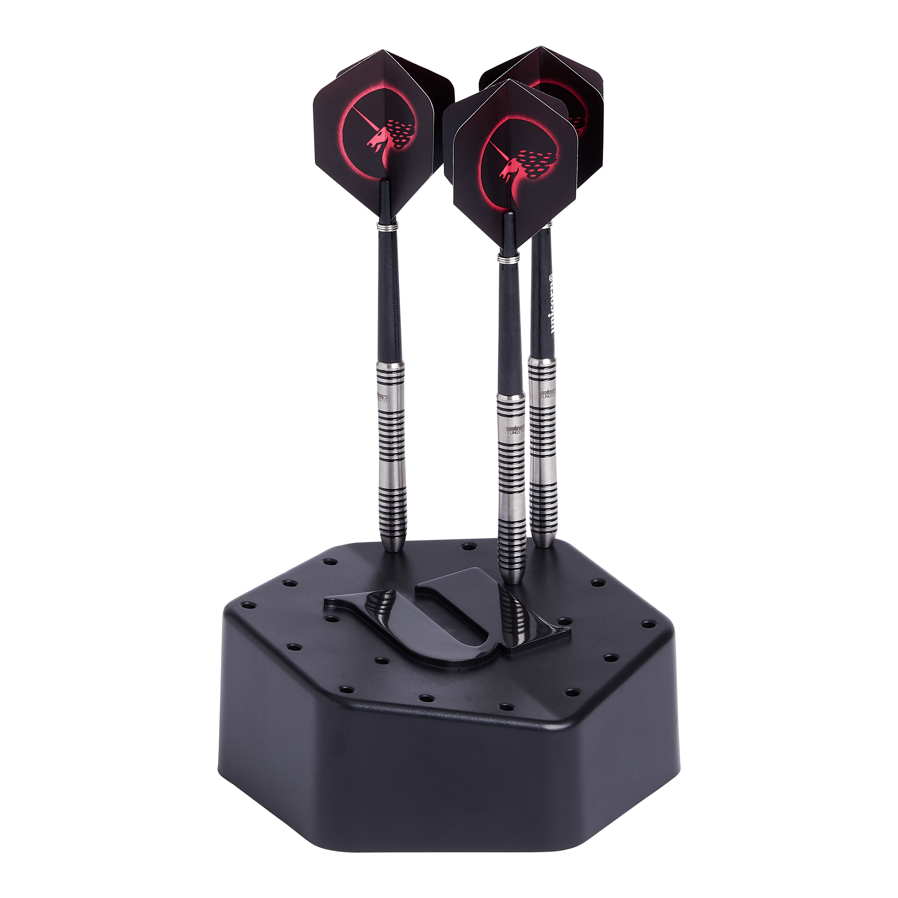 Soporte de dardos de unicornio Auf dem Bild ist ein schwarzer Dartständer mit drei Darts zu sehen. Der Ständer hat eine sechseckige Form und ein "U"-Logo auf der Oberseite.