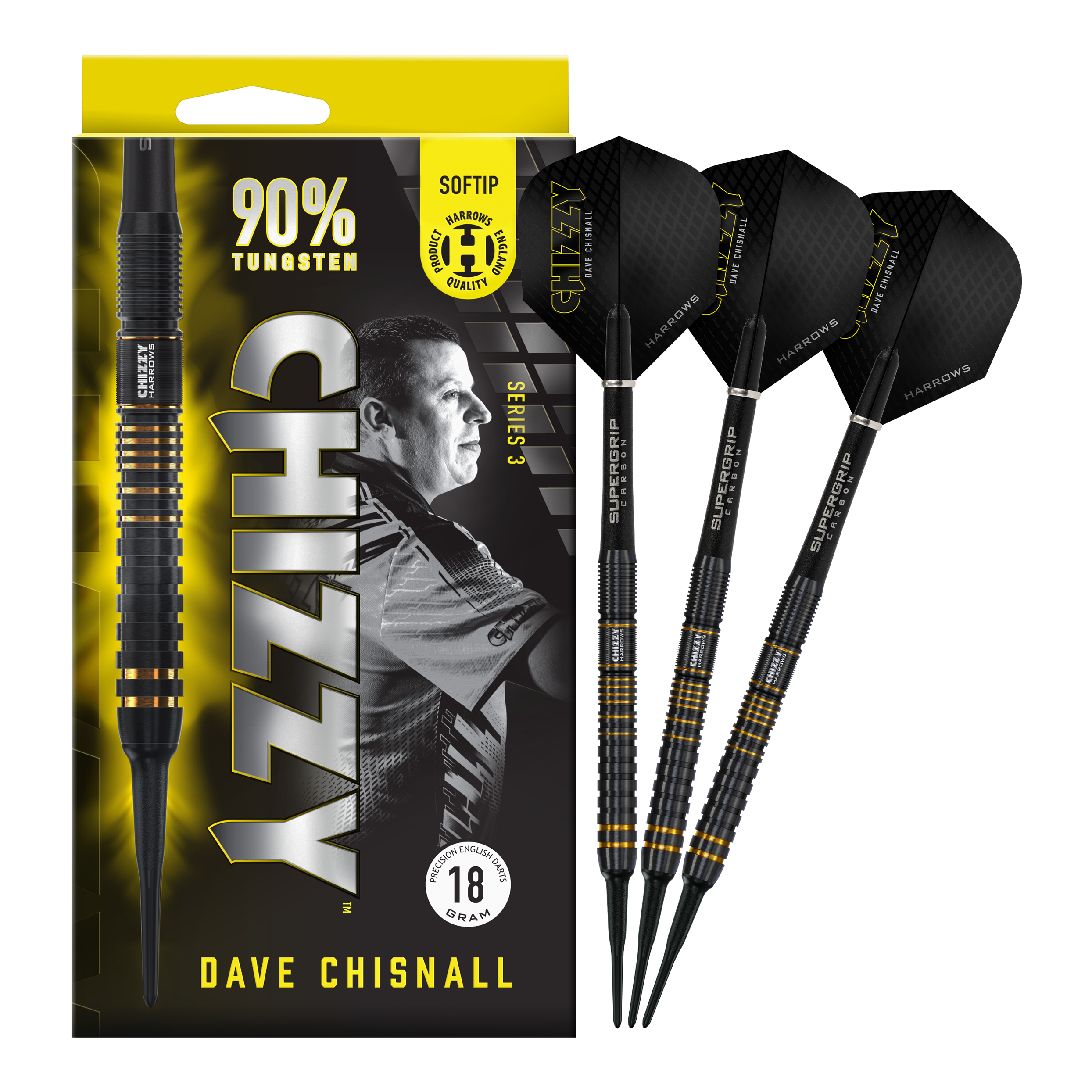 Fléchettes souples Dave Chisnall Chizzy Series 3 de Harrow Das Bild zeigt eine Packung der "Harrows Dave Chisnall Chizzy Series 3 Softdarts" mit drei schwarzen Softdarts daneben. Auf der Verpackung steht, dass die Darts zu 90% aus Tungsten bestehen und 18 Gramm wiegen.