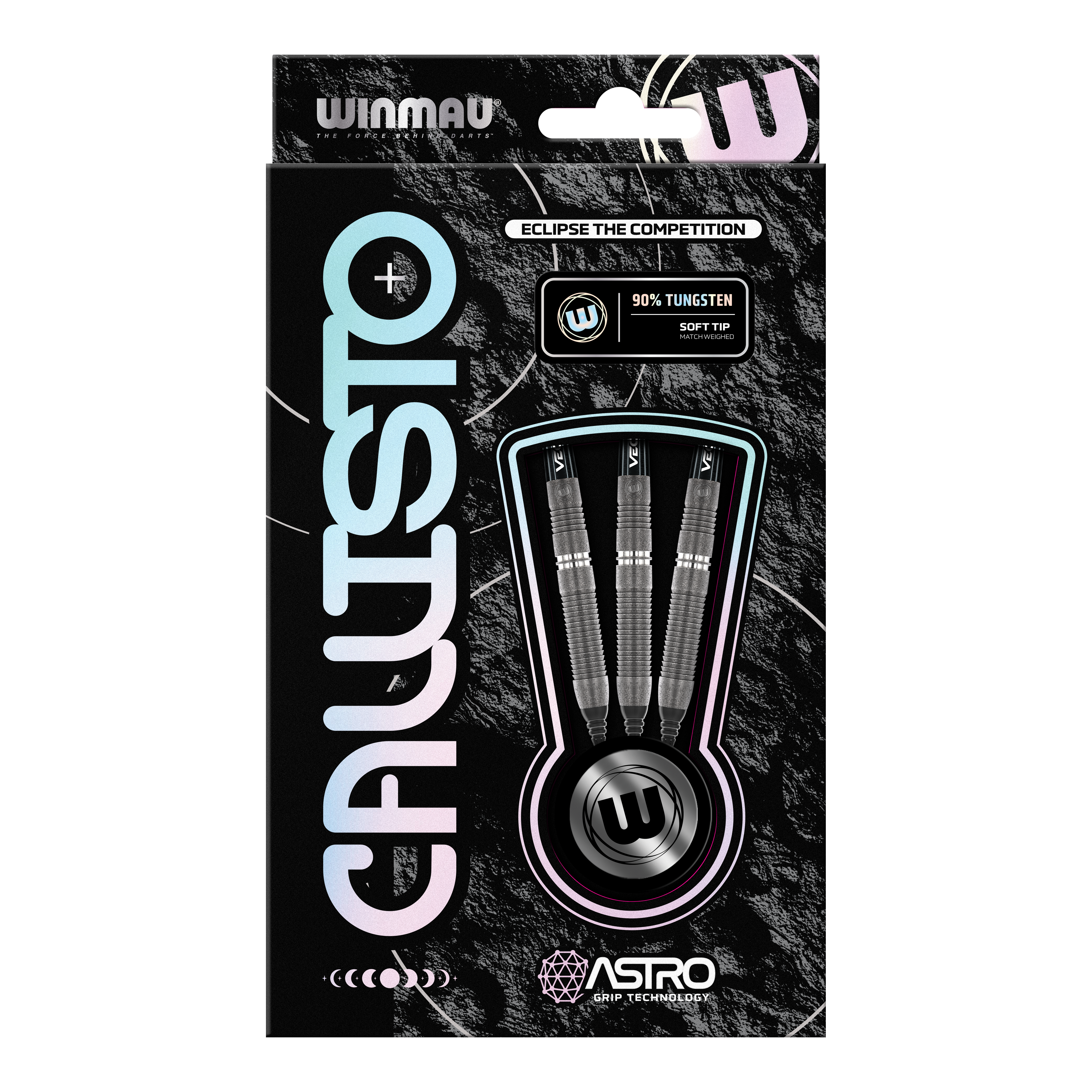 Měkké šipky Winmau Callisto 03 - 20g Die Abbildung zeigt die Verpackung der Winmau Callisto 03 Softdarts mit einem Gewicht von 20 g. In der Schachtel sind drei schwarze Darts mit 90 % Tungsten und Softtip sichtbar.