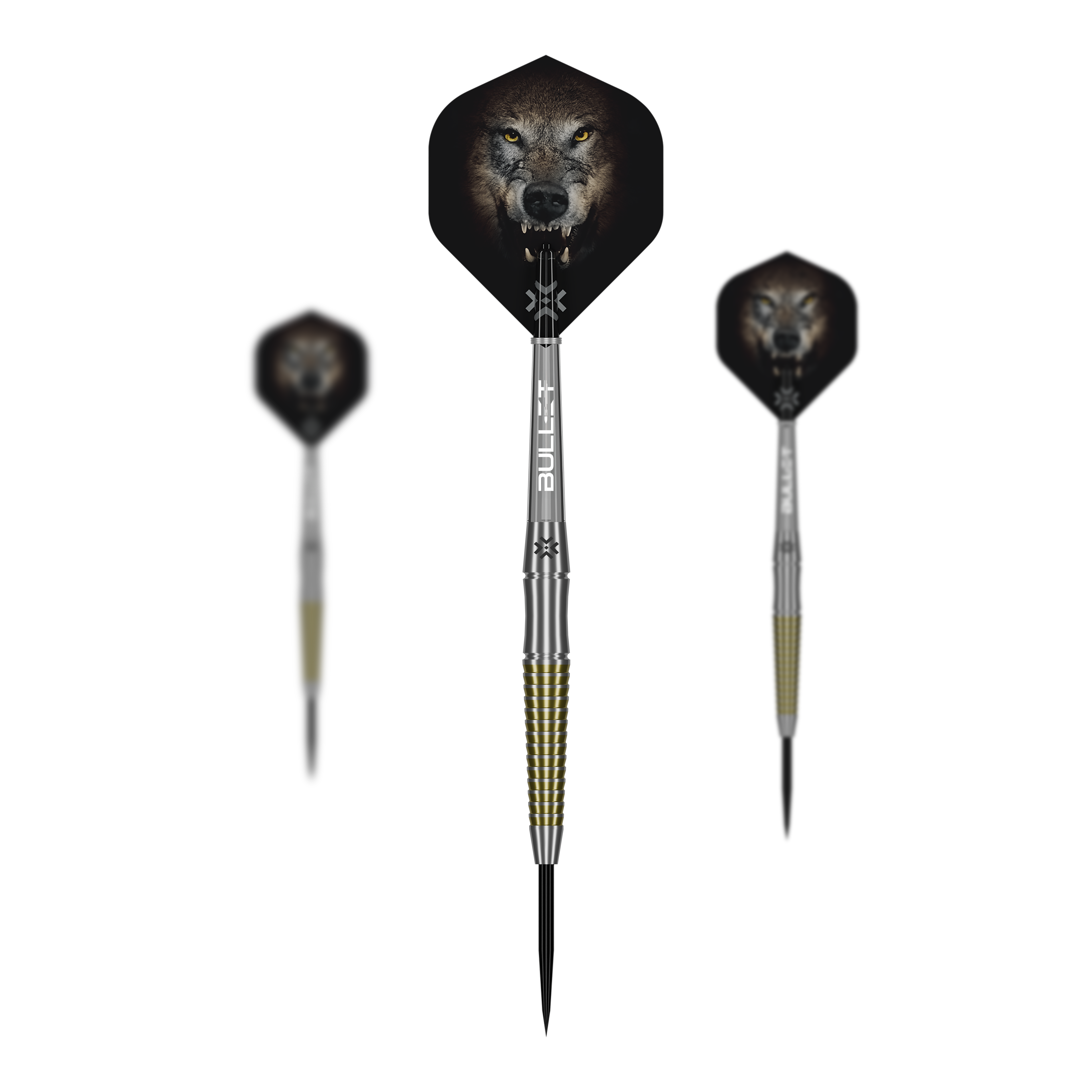 Ocelové šipky Bullet Fang Das Bild präsentiert ein Set der Bullet Fang Steeldarts. Mehrere Darts sind als Set zusammen abgebildet.
