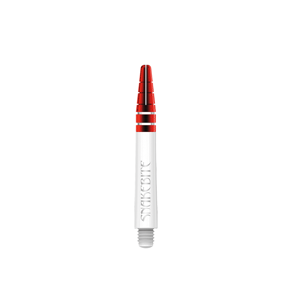 C803_Red_Dragon_Nitrotech_Peter_Wright_White_Red_Shafts_39mm_12xmZopmpw5NS1 Das Bild zeigt einen Red Dragon Nitrotech Peter Wright Red Shaft in 39 mm Länge. Der Schaft ist weiß mit roten und silbernen Akzenten gestaltet und trägt die Aufschrift "Snakebite".