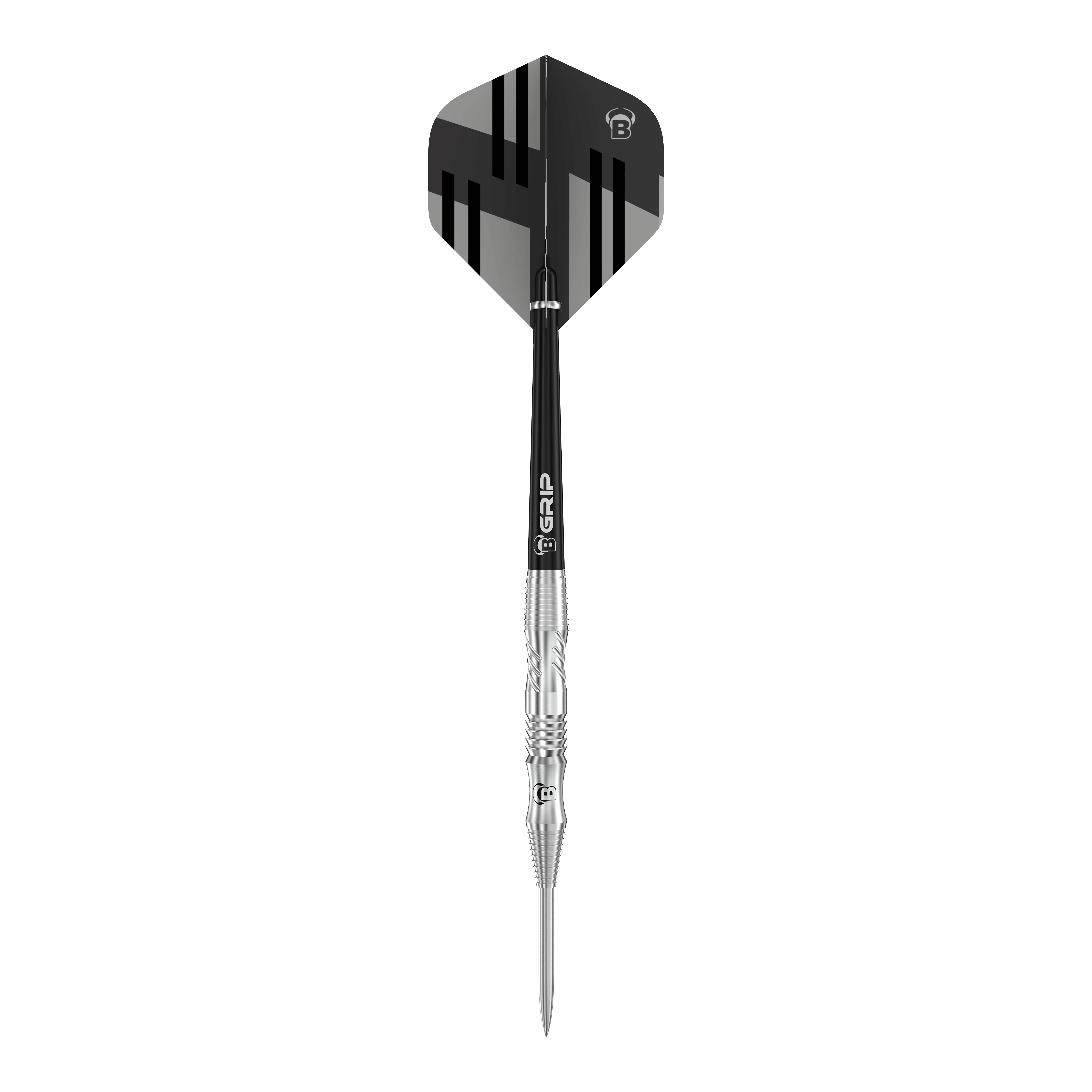Bulls Tac T1 Steeldarts Das Bild zeigt einen Bulls Tac T1 Steeldart. Der Dart hat ein silbernes Barrel und ein schwarz-graues Flight-Design.