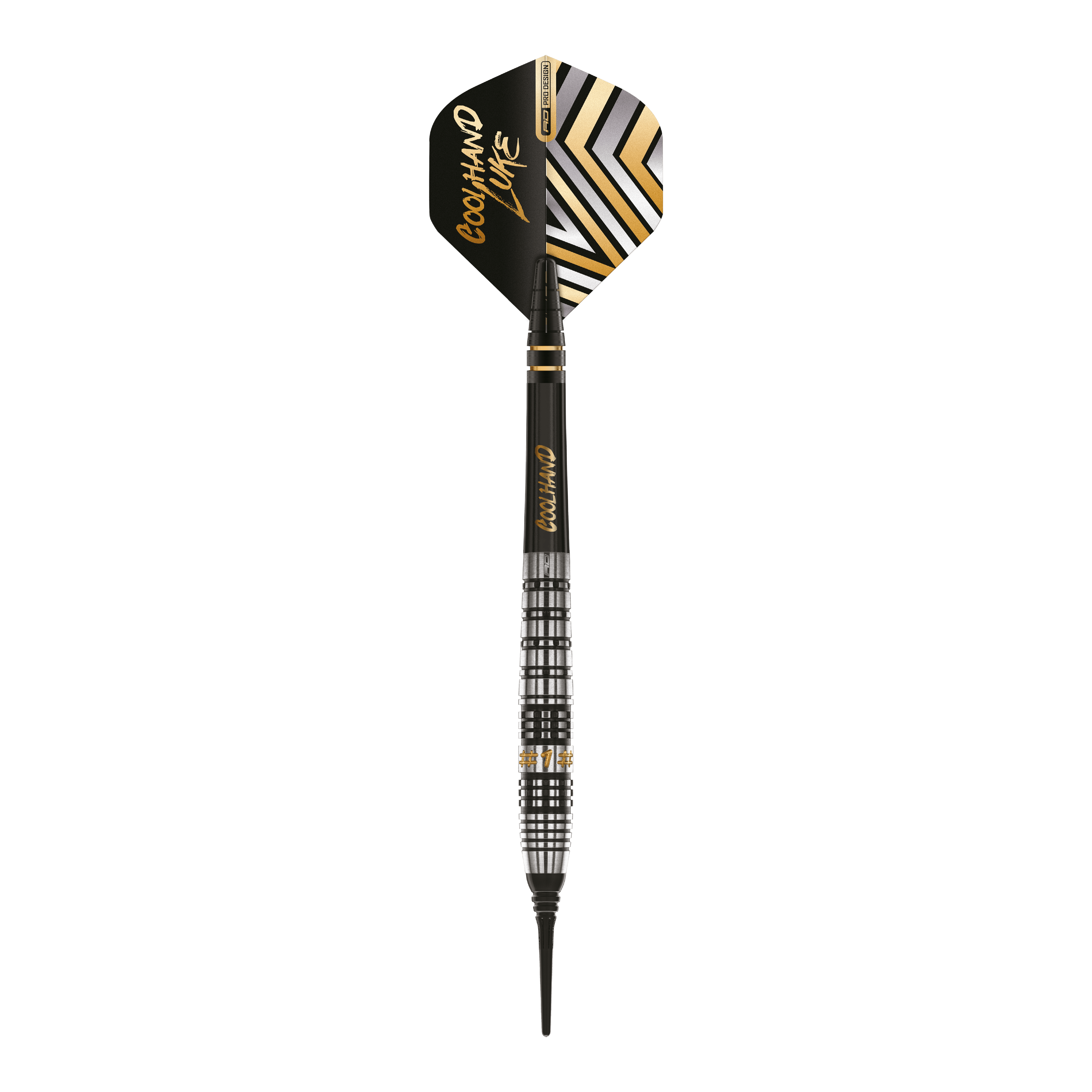Red Dragon Luke Humphries Prestige Softdarts - 20g Das Bild zeigt einen Red Dragon Luke Humphries Prestige Softdart mit einem Gewicht von 20g. Der Dart hat ein modernes schwarzes und silbernes Design mit goldenen Akzenten und der Aufschrift "COOL HAND LUKE" auf dem Flight.