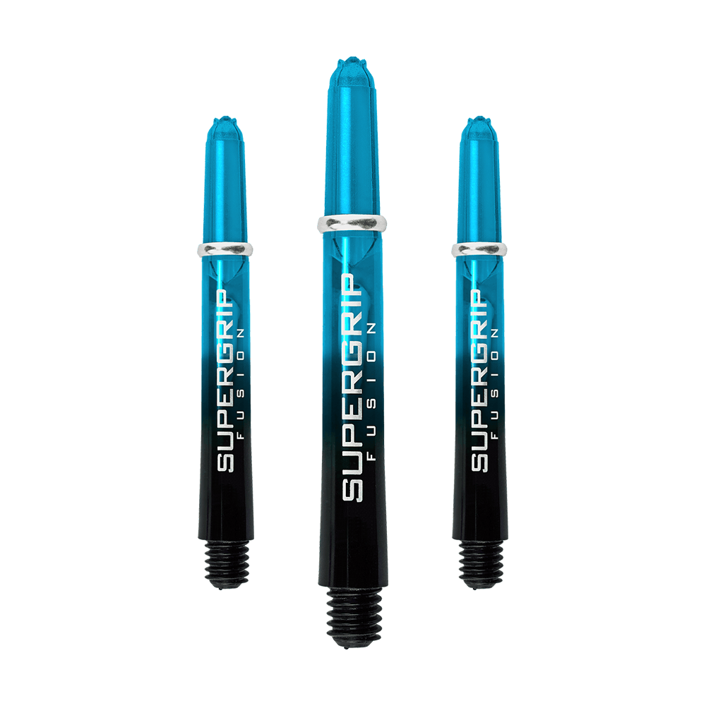 HR346_Harrows_Supergrip_Fusion_Shafts_Aqua_40mm_1IkaPnnB9vqzh7 Das Bild zeigt drei Harrows Supergrip Fusion Shafts in der Farbe Aqua. Die Shafts sind oben blau und unten schwarz mit weißer Schrift.