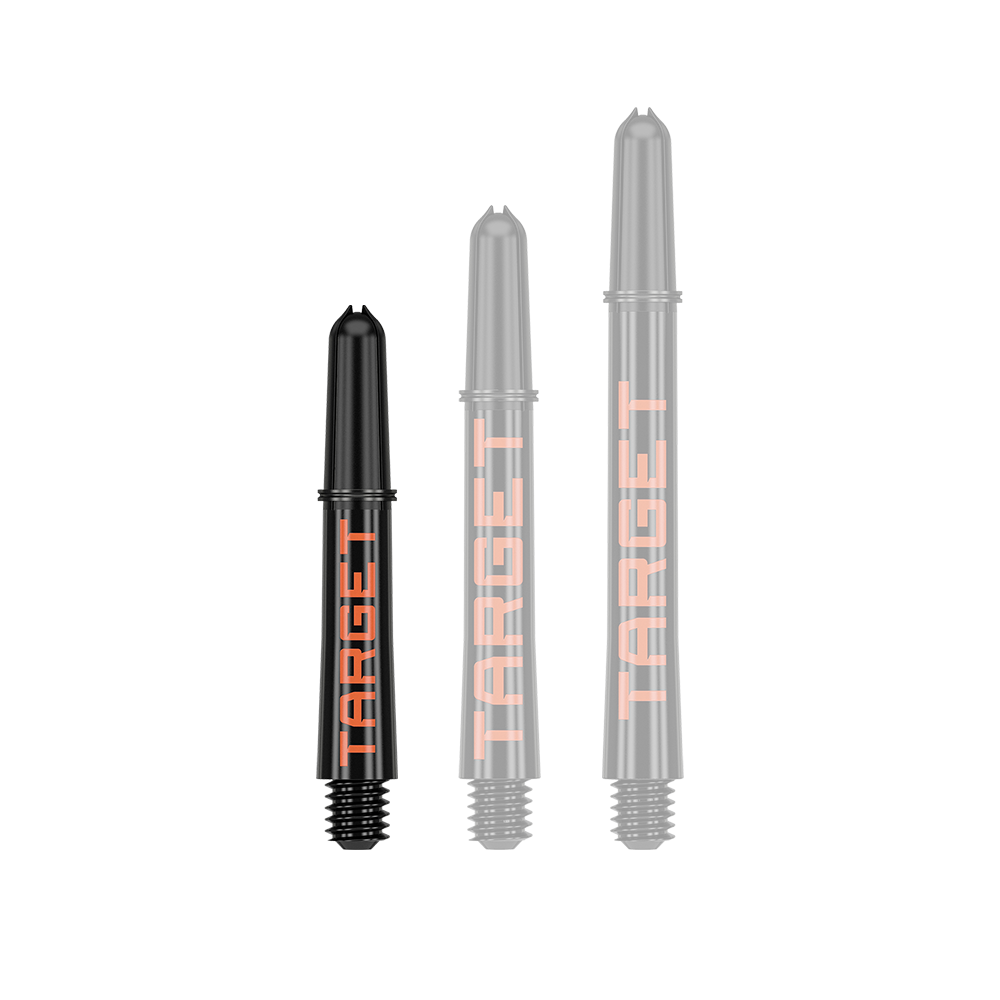Aste Target Pro Grip TAG - 3 set - Nero Arancione Auf dem Bild sind drei schwarze Dartschäfte in unterschiedlichen Längen zu sehen. Auf jedem Schaft steht in orangefarbener Schrift das Wort "TARGET".