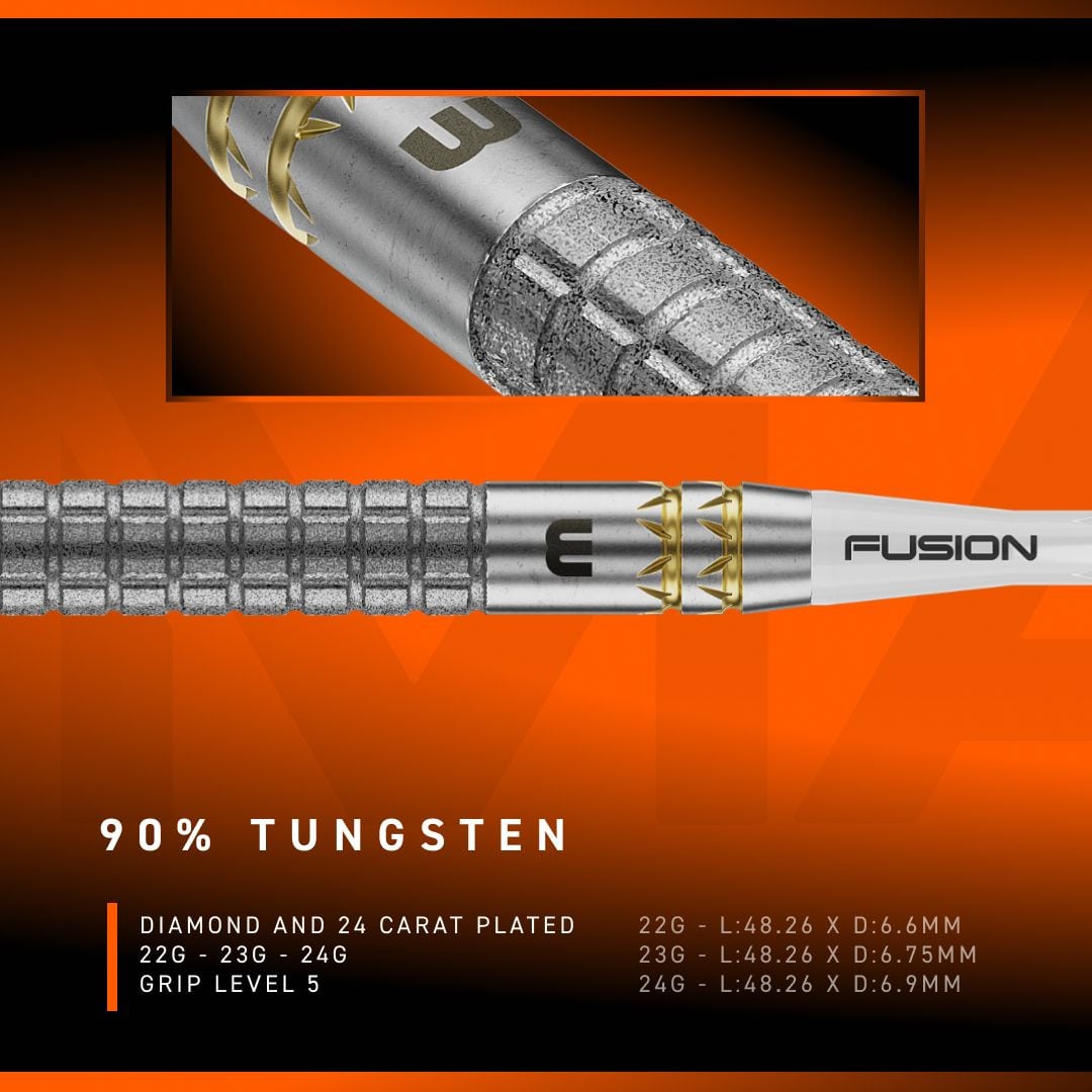 Winmau Gian Van Veen W-MAX Switch Point Steeldarts Die Abbildung zeigt die Winmau Gian Van Veen W-MAX Switch Point Steeldarts. Drei Darts liegen nebeneinander auf einer weißen Fläche.