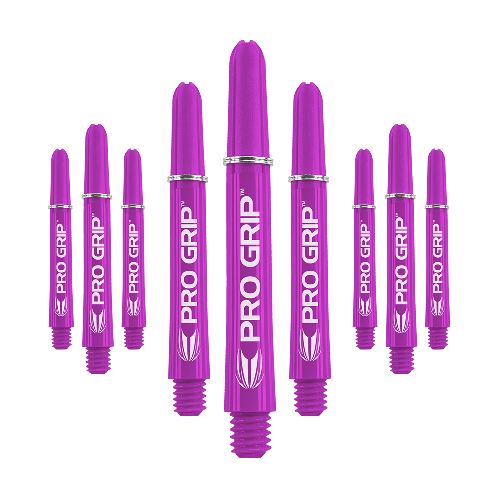 Tiges Target Pro Grip - 3 jeux - Violet Das Bild zeigt neun lilafarbene Dartshafts mit der Aufschrift "PRO GRIP". Sie sind in drei Reihen angeordnet und stehen aufrecht nebeneinander.