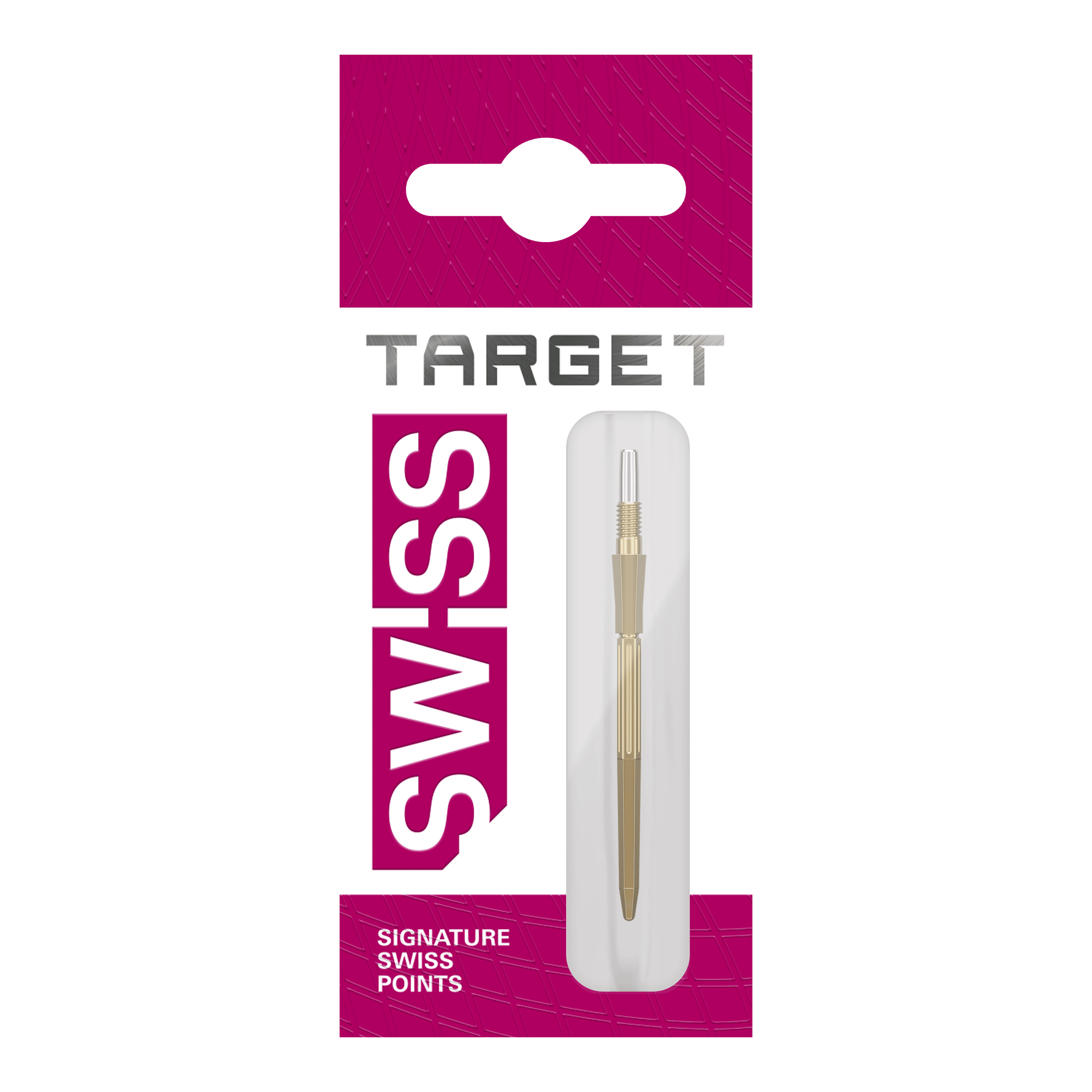 Target Elysian Archetype 43 Swiss Point Steel Dart Tips - Gold Abgebildet sind drei goldene Dartspitzen. Diese Dartspitzen sind Target Elysian Archetype 43 SwissPoint, 35 mm.