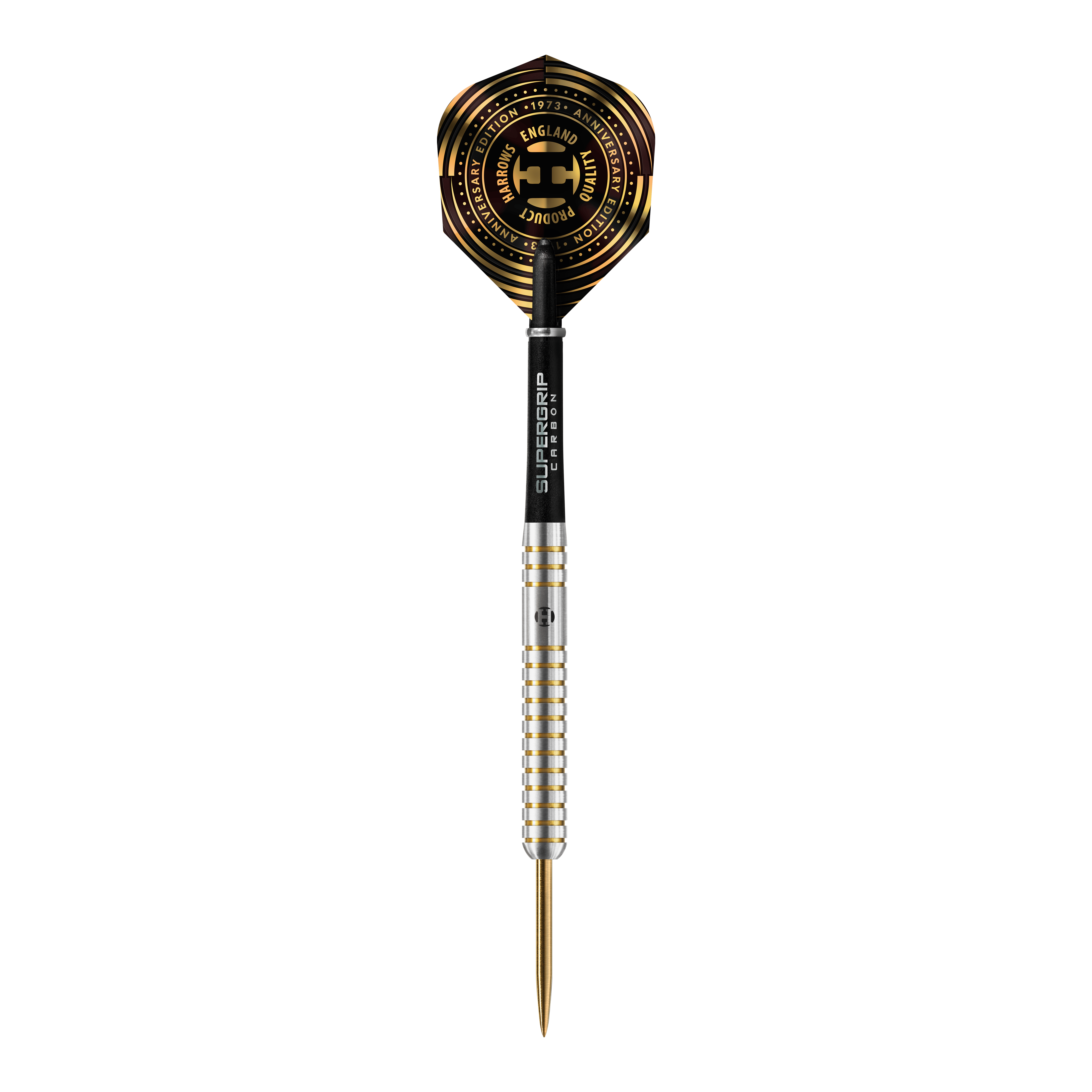 Harrows Anniversary Edition Původní Steeldarts Das Bild zeigt einen Harrows Anniversary Edition The Original Steeldart mit silbernem Schaft und goldenen Akzenten. Das Dartflight ist schwarz-gold gestaltet und trägt einen Jubiläumsaufdruck.