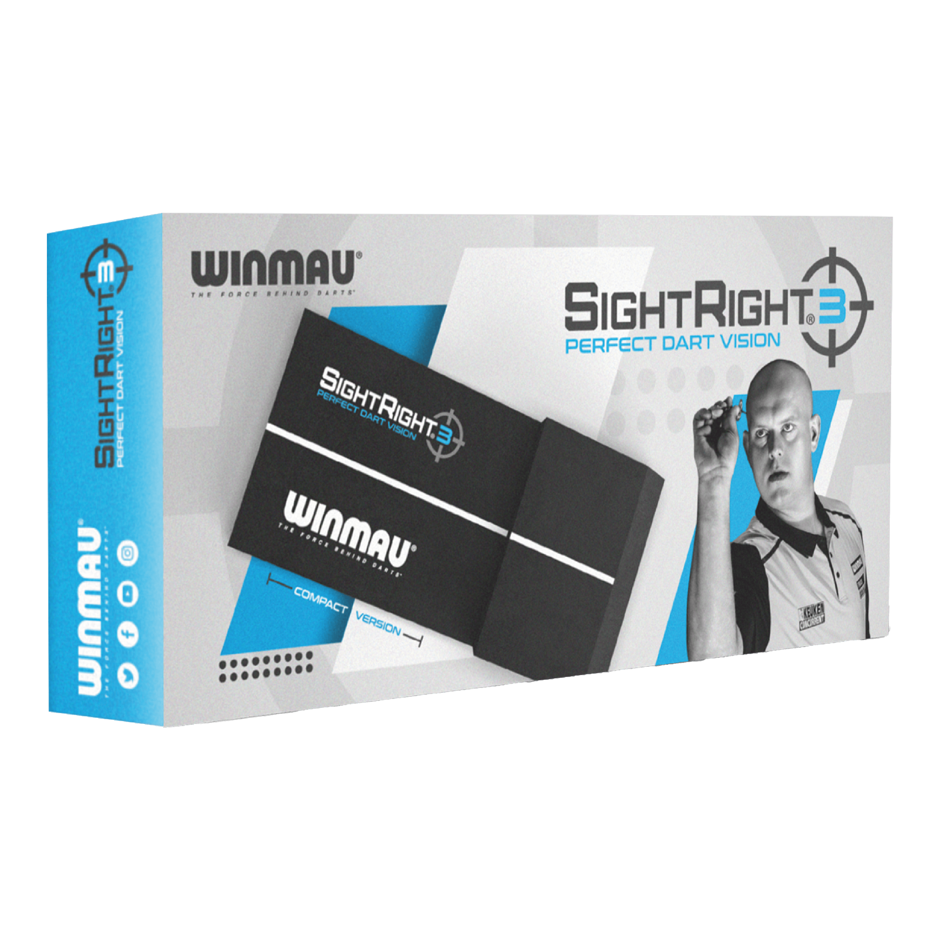 Winmau SightRight 3 - Compact Die Abbildung zeigt die Verpackung des Produkts "Winmau SightRight 3 - Compact". Auf der Box ist ein Dartspieler zusammen mit dem Produkt abgebildet, das für perfektes Dart-Zielen entwickelt wurde.