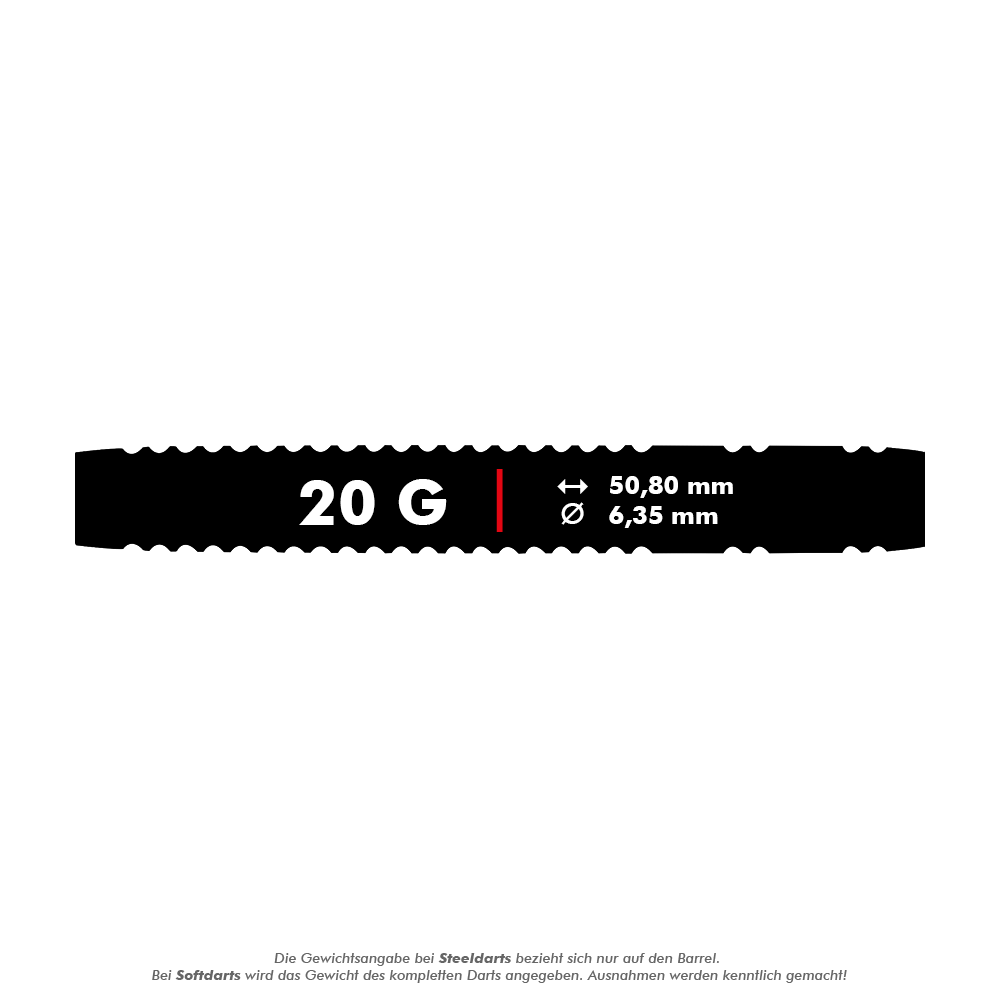 2429_Winmau_Overdrive_Softdarts_5_20gtURdxBTF4dg6E Das Bild zeigt die Produktinformationen der Winmau Overdrive Softdarts mit einem Gewicht von 20 Gramm. Die Darts haben eine Länge von 50,80 mm und einen Durchmesser von 6,35 mm.
