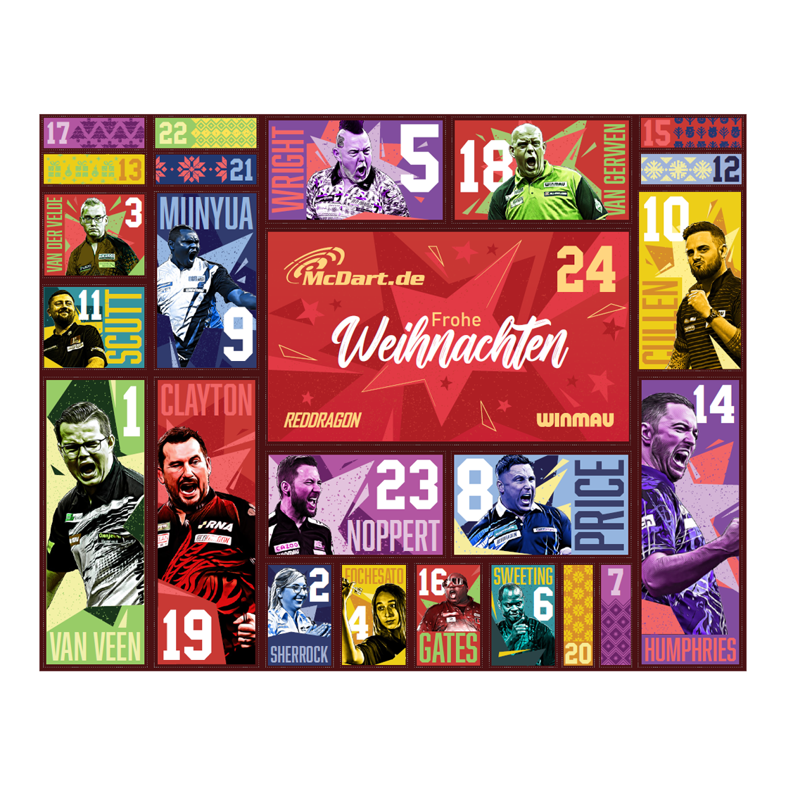 McDart Steel-Darts Adventskalender 2026 Der McDart Steel-Darts Adventskalender 2026 ist auf diesem Bild zu sehen. Die Verpackung zeigt attraktive Darts-Motive und weihnachtliches Design.