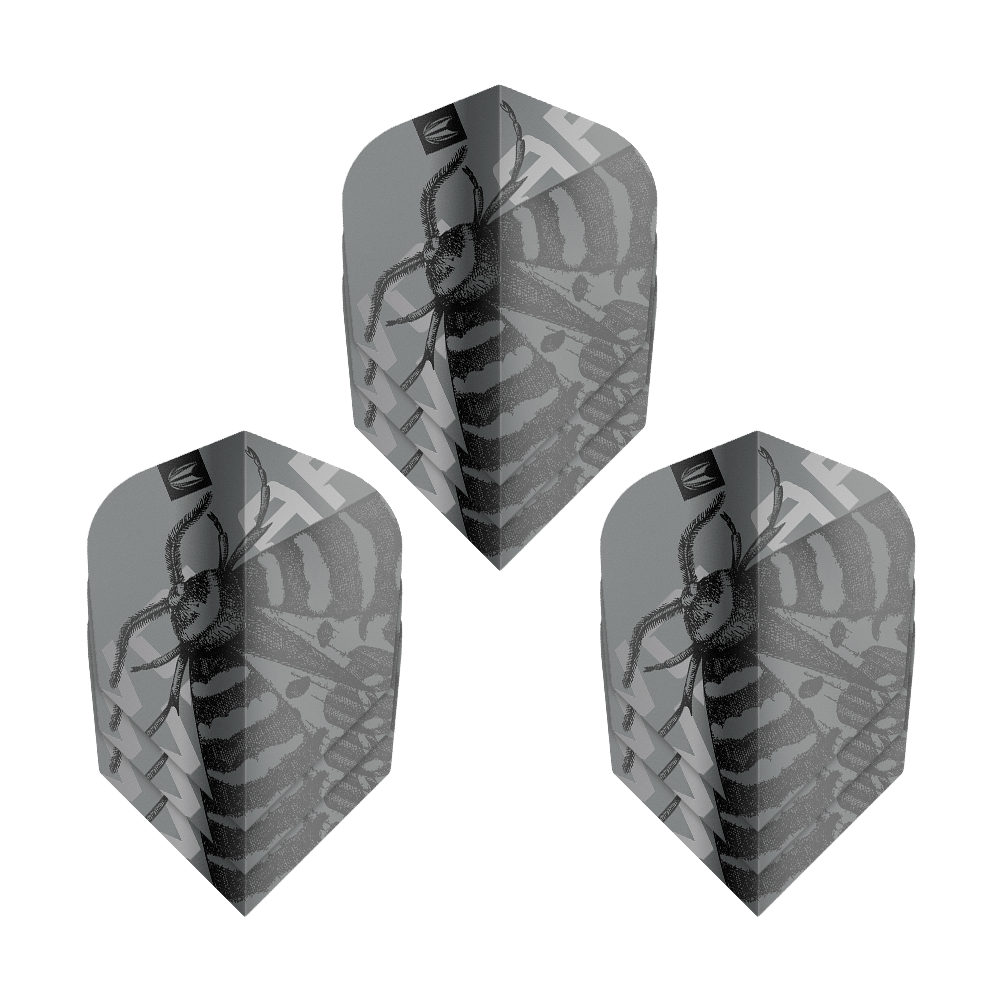 Letky Target Pro Ultra Volar č. 6 - 3 sady Das Bild zeigt drei Sets von Target Pro Ultra Volar No6 Flights. Die Flights sind grau mit einem schwarzen Insektenmuster gestaltet.