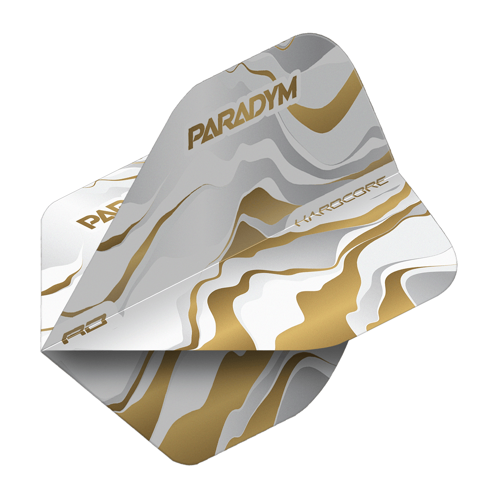 Red Dragon Hardcore Premium Paradym Gold Premium No2 Standardní letky Abgebildet ist ein Flight-Set für Dartpfeile des Produkts Red Dragon Hardcore Premium Paradym Gold Premium No2 Standard Flights. Es handelt sich um hochwertige, goldfarbene Standard-Flights für den Dartsport.