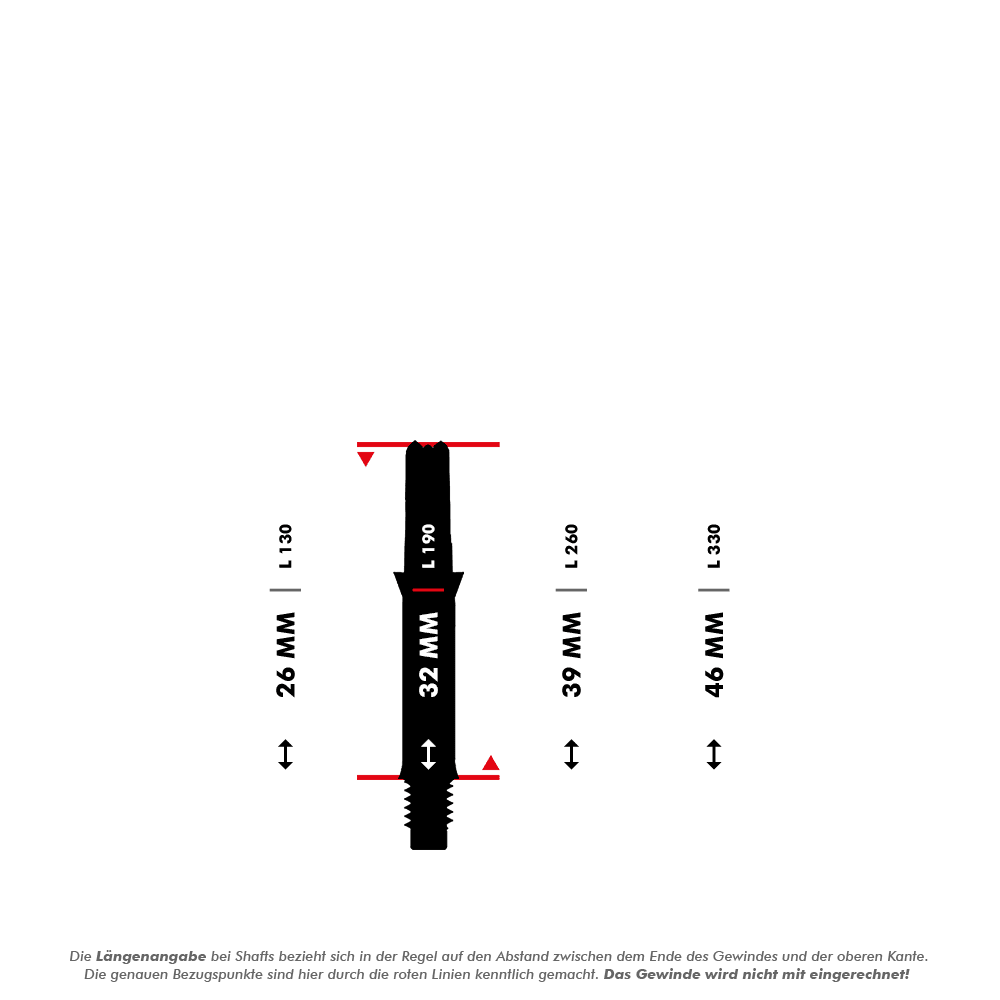 Wałki L-L-Style-Shafts Silent Straight - czarne Das Bild zeigt vier unterschiedlich lange Dartschäfte mit den Längen 26 mm, 32 mm, 39 mm und 46 mm, die jeweils mit roten Linien markiert sind. Darunter steht eine Erklärung, dass die angegebene Länge jeweils ohne das Gewinde gemessen wird.