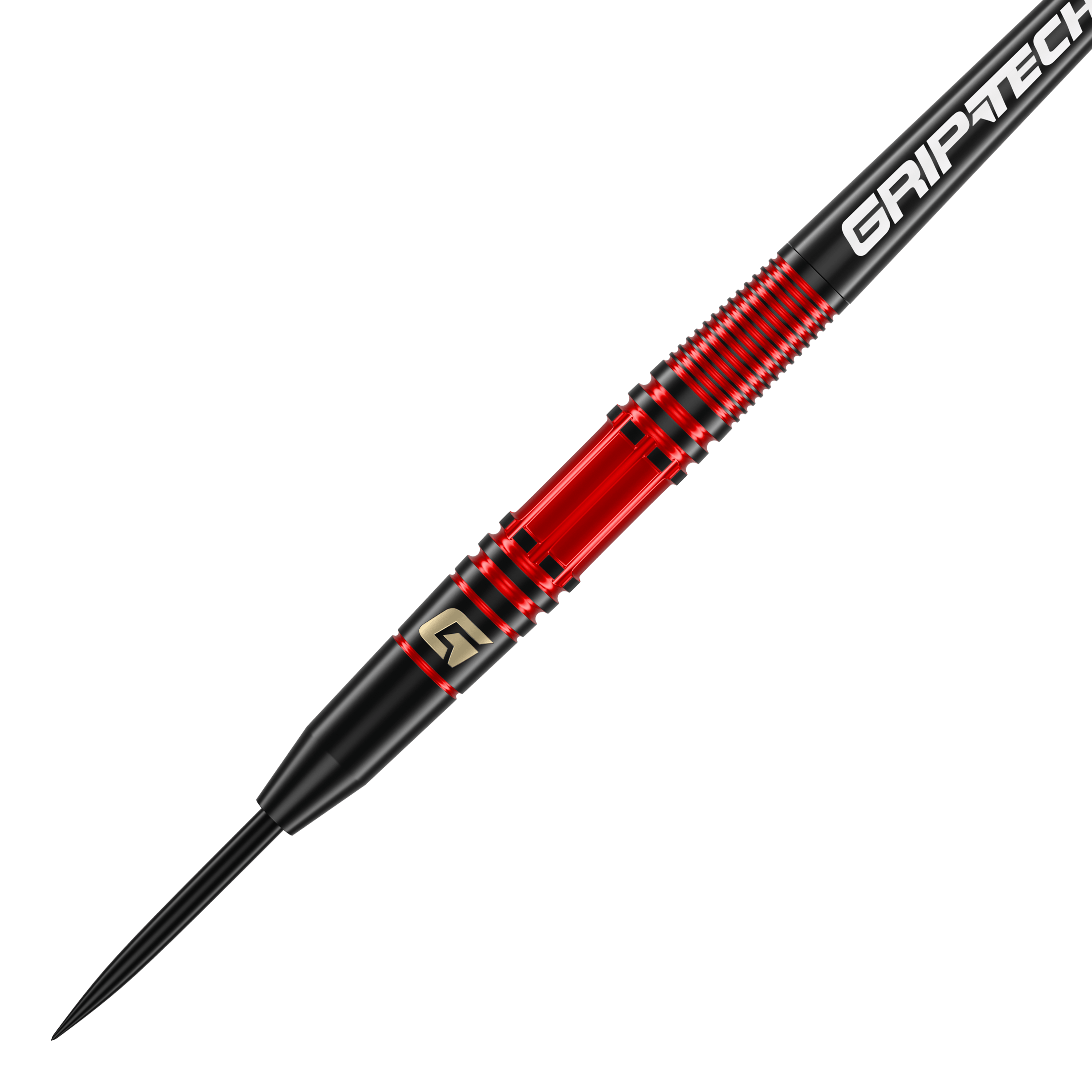 Ocelové šipky GOAT Athlete Red Brass - 11g Das Bild zeigt einen GOAT Athlete Red Brass Steeldart mit einem Gewicht von 11 Gramm. Der Dart hat ein auffälliges rotes und schwarzes Design mit dem Schriftzug "GRIPTECH" auf dem Schaft.
