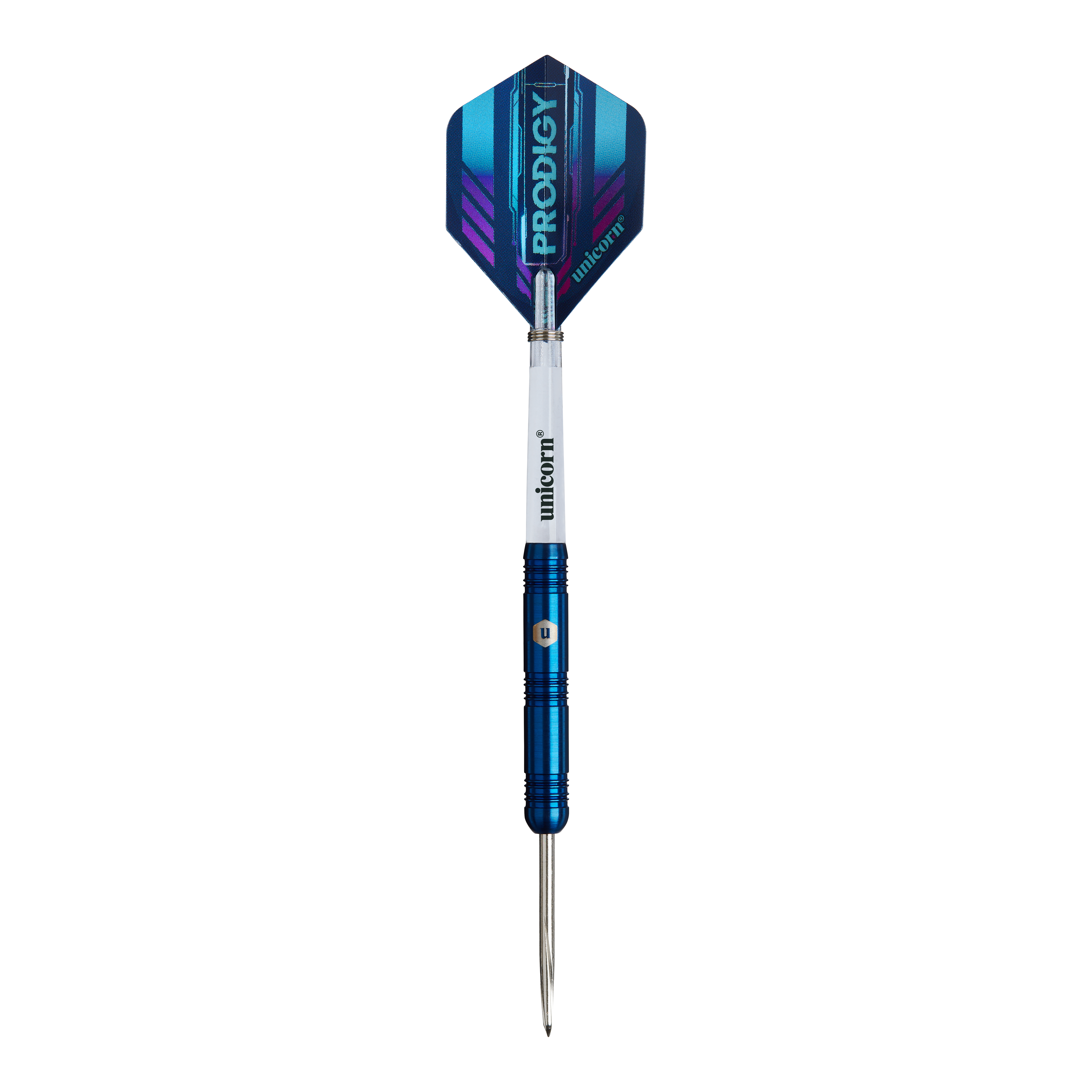 Dardos de acero paralelos Unicorn Prodigy 01 Das Bild zeigt einen Unicorn Prodigy 01 Parallel Steeldart. Der Dartpfeil hat ein blaues Design mit einer glänzenden Spitze und einem Flight mit der Aufschrift "PRODIGY".