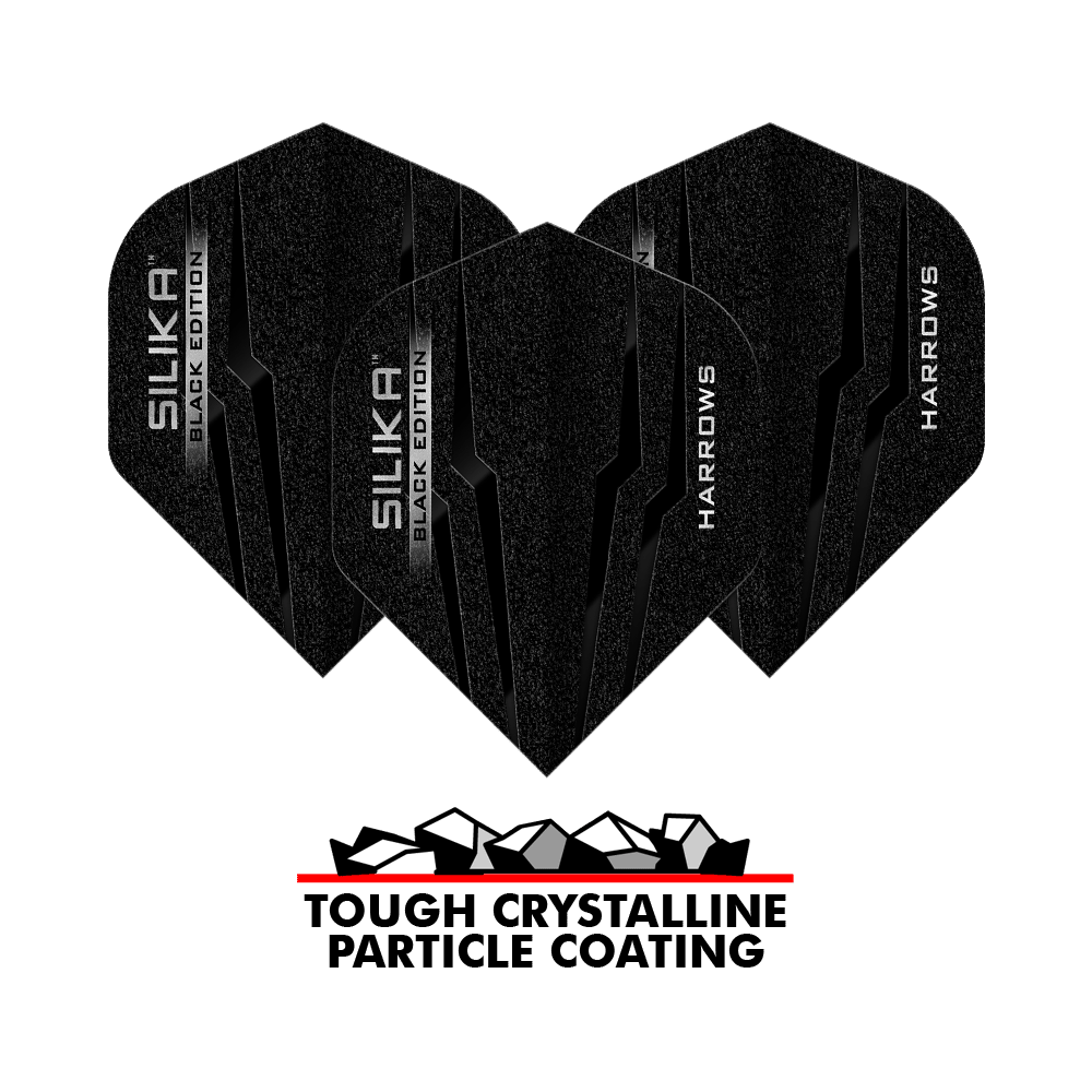 Voli standard Harrows Silika Black Edition No2 Das Bild zeigt drei schwarze Harrows Silika Black-Edition No2 Standard Flights. Unten steht der Schriftzug „Tough Crystalline Particle Coating“ mit einer Grafik von Kristallen.