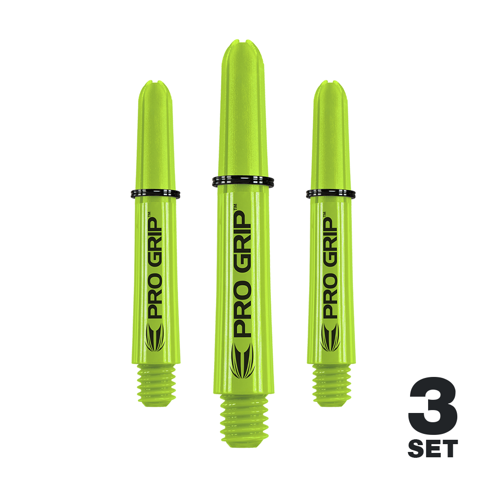 Target Pro Grip Shafts - 3 sady - Lime Green Das Bild zeigt drei limegrüne Pro Grip Shafts für Dartpfeile. Unten rechts steht "3 Set", was anzeigt, dass es sich um ein Set mit drei Stück handelt.