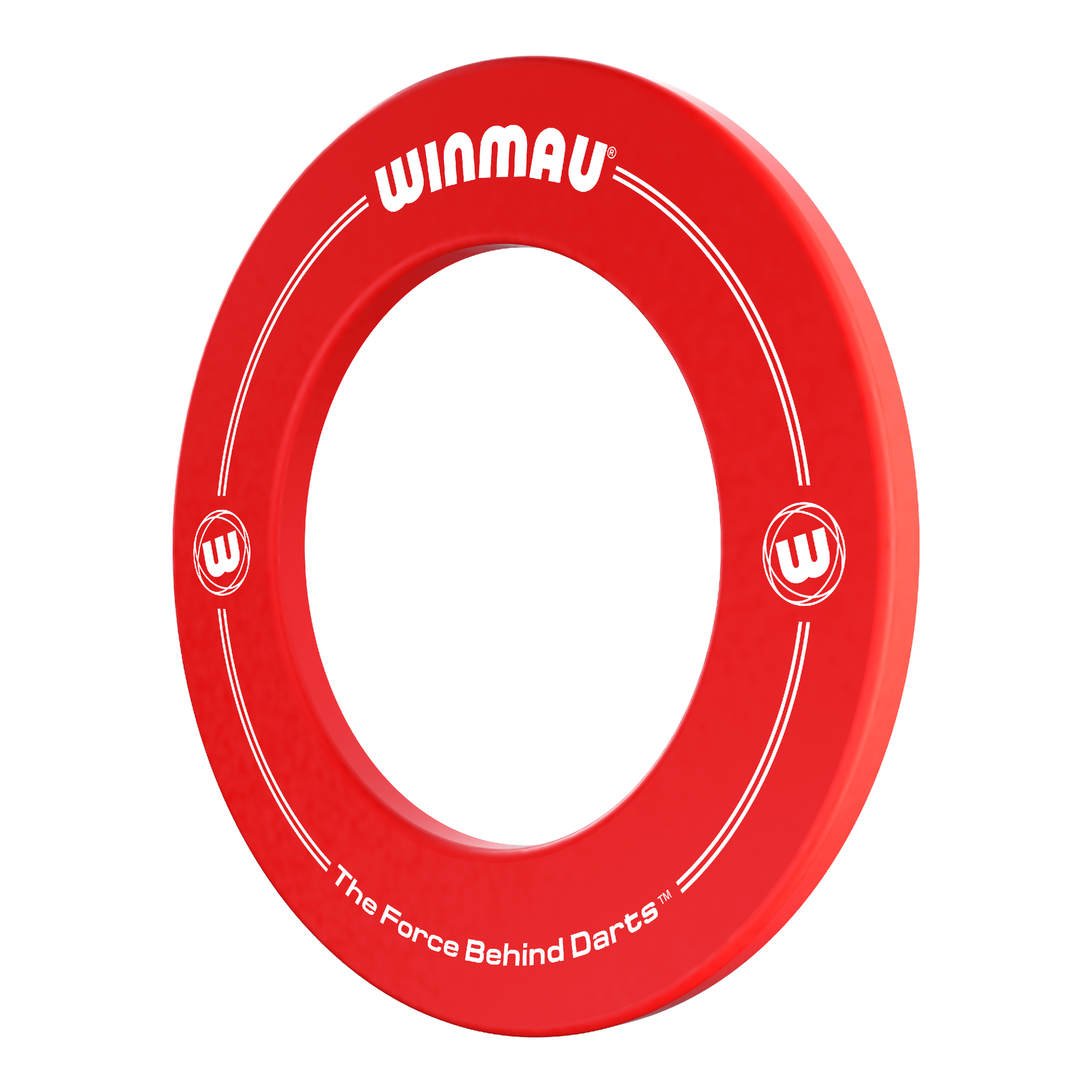 Winmau Dartboard Surround Auf dem Bild ist ein roter Dartboard-Surround von Winmau zu sehen. Darauf steht der Schriftzug „The Force Behind Darts“ sowie das Winmau-Logo.