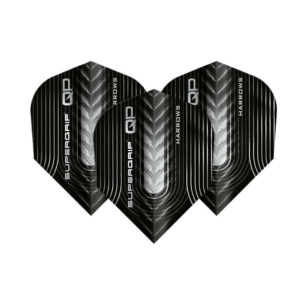 Letky Harrows Supergrip QP č. 6 Harrows Supergrip QP No6 Flights sind Dartflights mit besonderem Design. Dieses Bild zeigt ein Set dieser Flights.