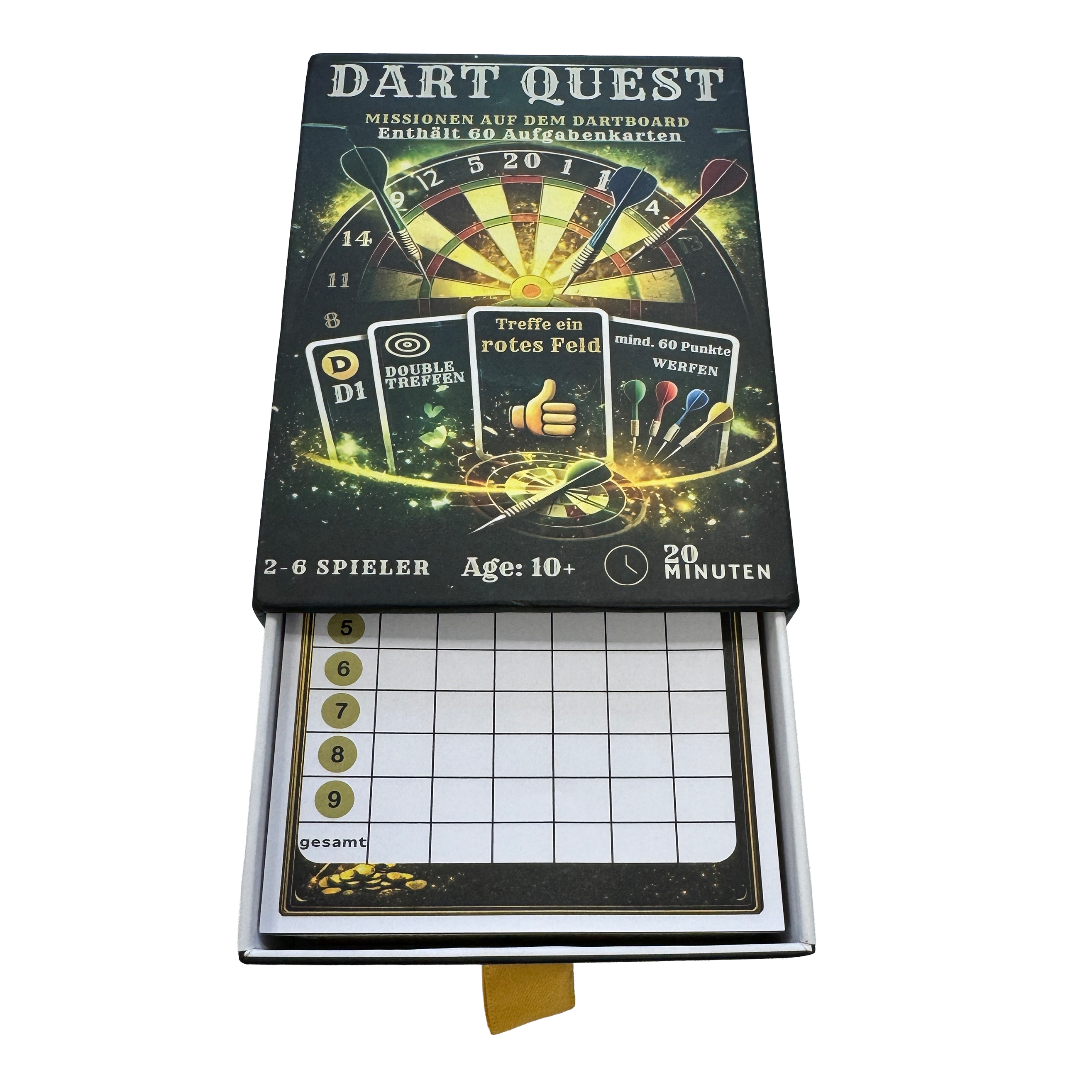 Gioco di carte Dart Quest Hier wird das Dart Quest Kartenspiel gezeigt. Es ist ein spannendes Kartenspiel für Dart-Fans.