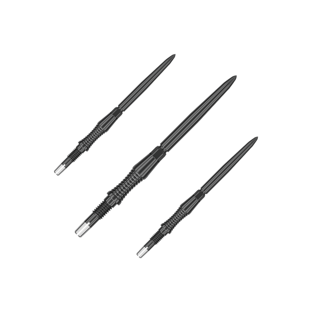 Das Bild stellt ein Set von schwarzen Dartspitzen Signature RST, 35mm, von Target Swiss Point dar. Die Spitzen sind nebeneinander angeordnet.