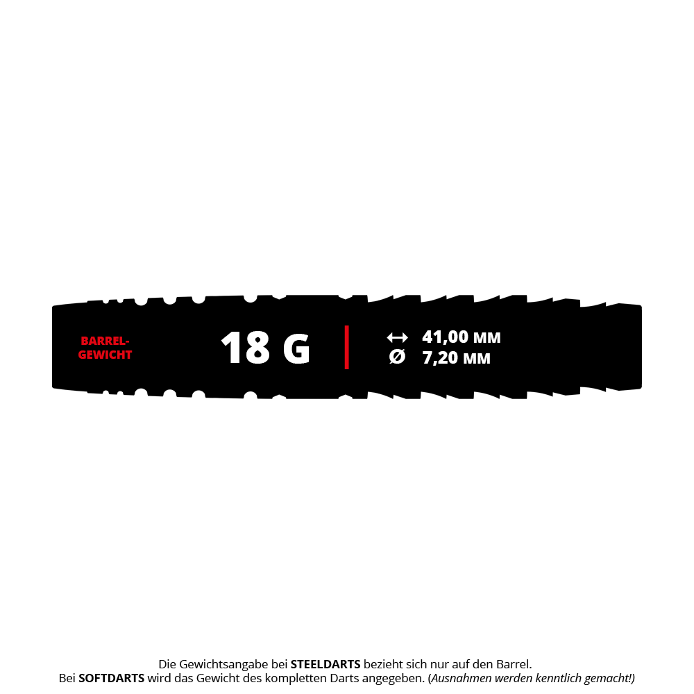 Dardos blandos Target Japan Prime Series Mayujo Morita GEN6 - 18 g Das Bild zeigt die Gewichts- und Maßangaben eines Softdart-Barrels: 18 Gramm, 41,00 mm lang und 7,20 mm im Durchmesser. Die Angaben beziehen sich auf das Produkt "Target Japan Prime Series Mayujo Morita GEN6 Softdarts - 18g".
