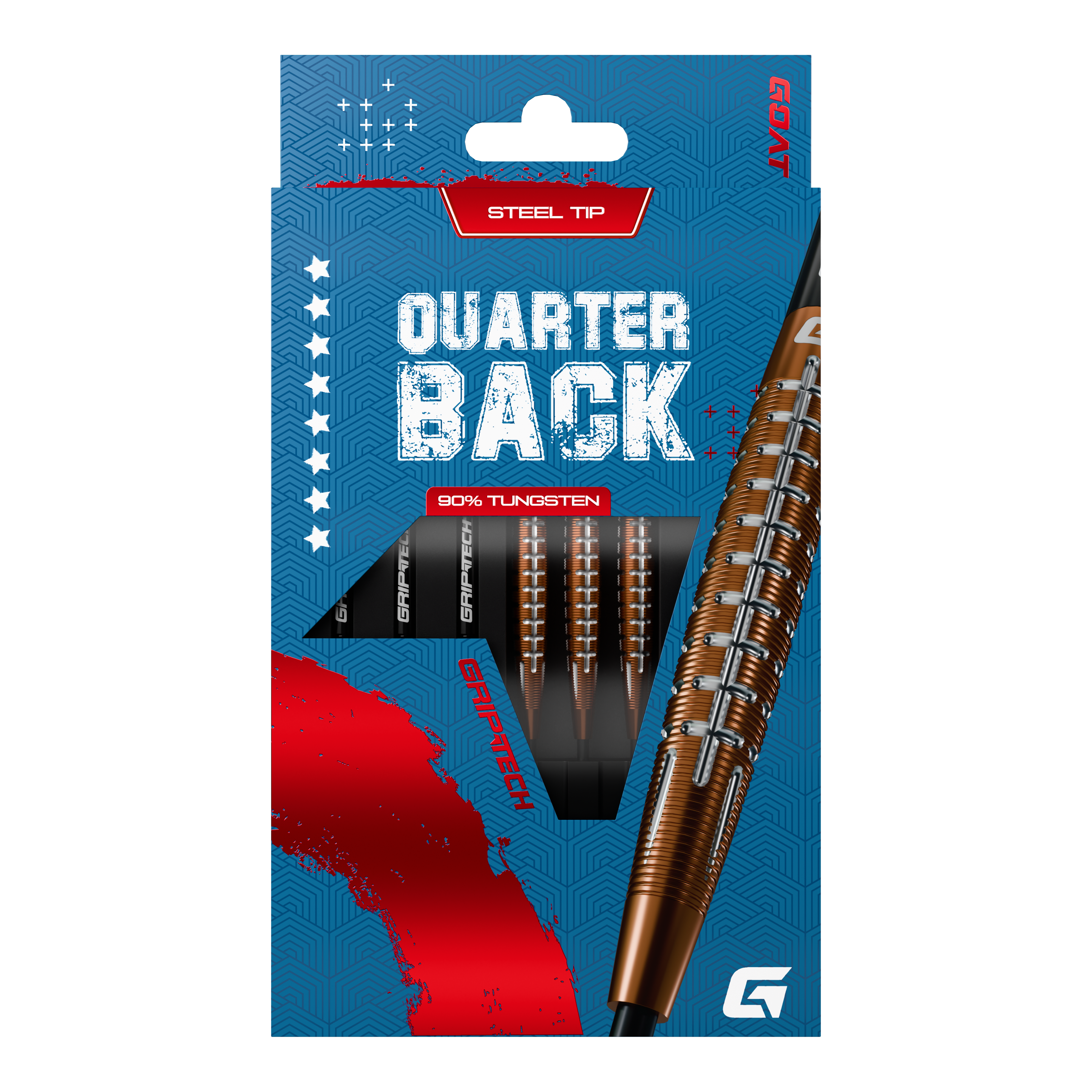 Dardos de acero de tungsteno GOAT Quarterback V1 Das Bild zeigt die GOAT Quarterback V1 Tungsten Steeldarts in einer blauen Verpackung. Die Darts bestehen zu 90% aus Tungsten und haben eine Stahlspitze.