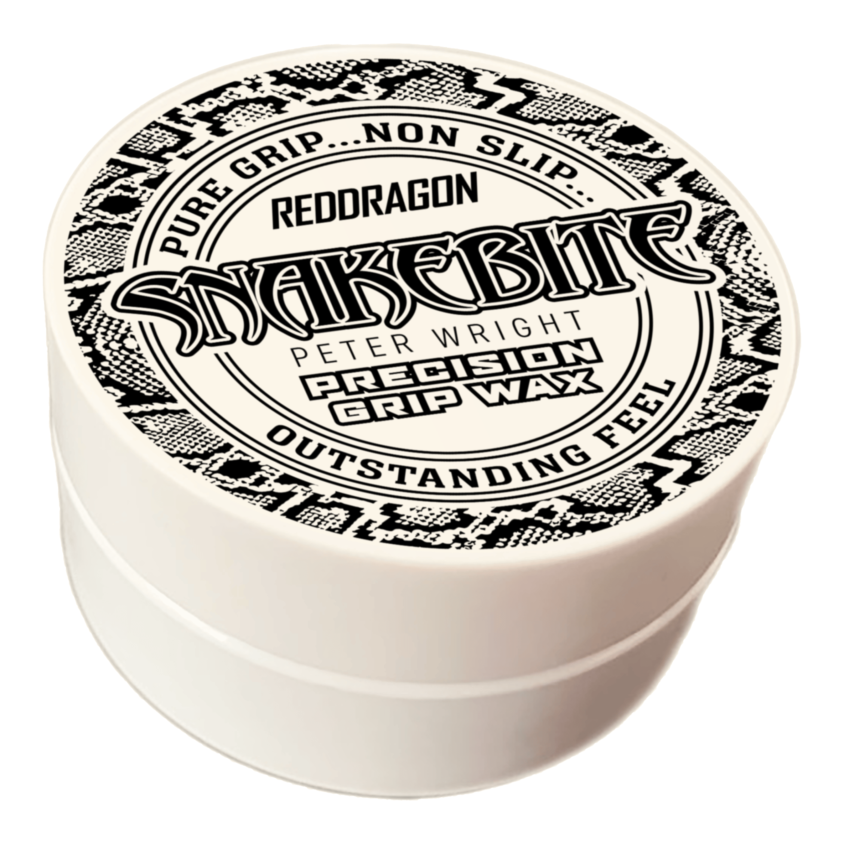 Cera para dedos Red Dragon Peter Wright Snakebite Precision Grip Wax Das Bild zeigt eine runde Dose mit der Aufschrift "Red Dragon Peter Wright Snakebite Precision Grip Wax". Die Verpackung ist weiß mit einem schwarz-weißen Schlangenmuster und betont den festen, griffsicheren Halt.