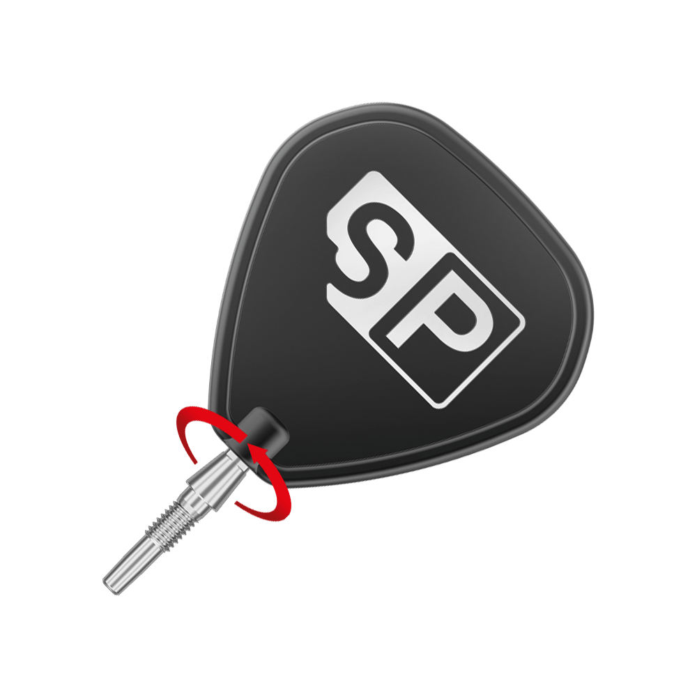 Stalowe groty do rzutek Target Swiss Point Storm Surge – srebrne Das Bild zeigt eine Dartspitze mit einem schwarzen Flight, auf dem die Buchstaben "SP" abgebildet sind. Ein roter Pfeil deutet auf eine Drehbewegung am Verbindungsstück der Spitze hin.