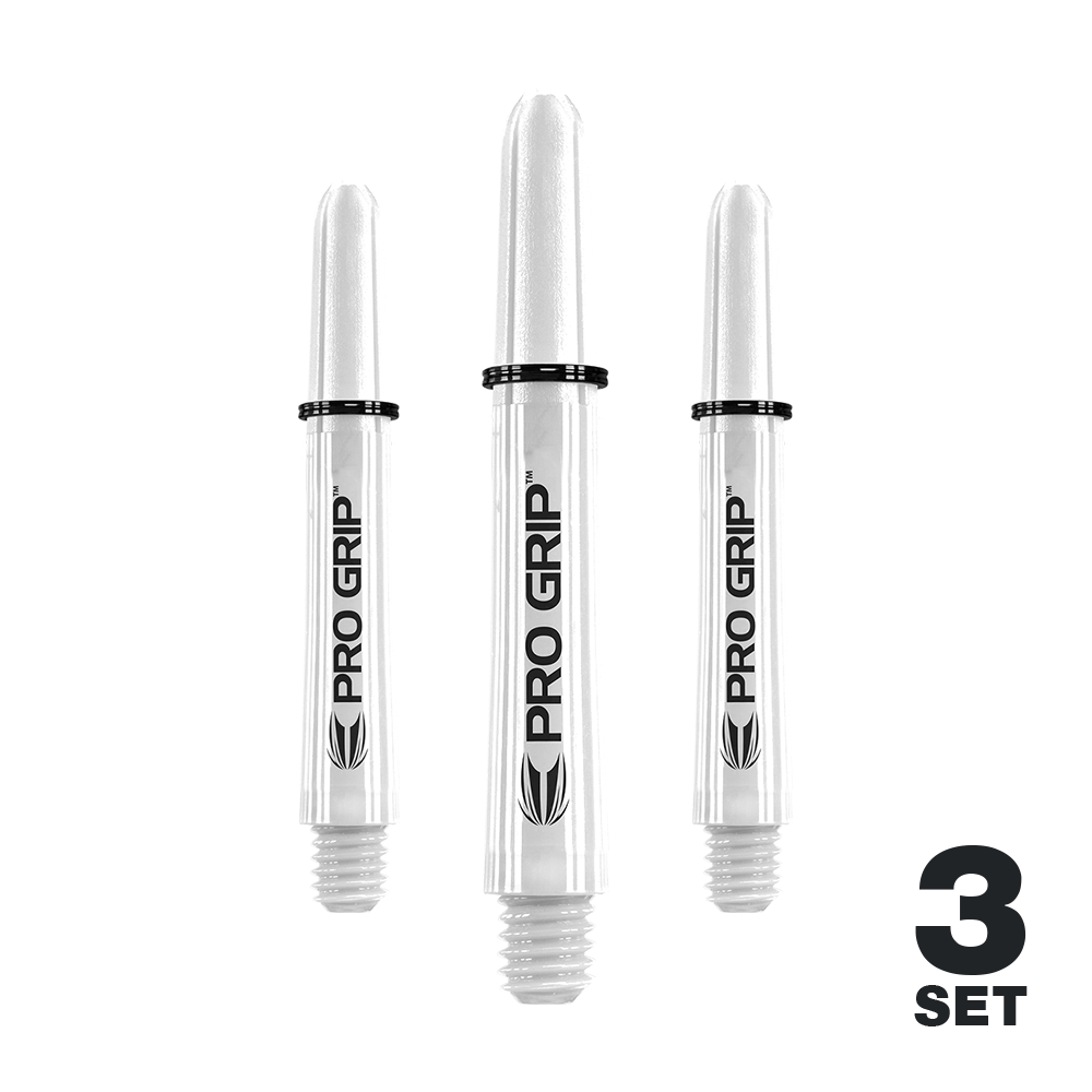 Target Pro Grip Shafts - 3 Sets - White Das Bild zeigt drei weiße Pro Grip Shafts für Dartpfeile. Unten rechts steht "3 Set" geschrieben.