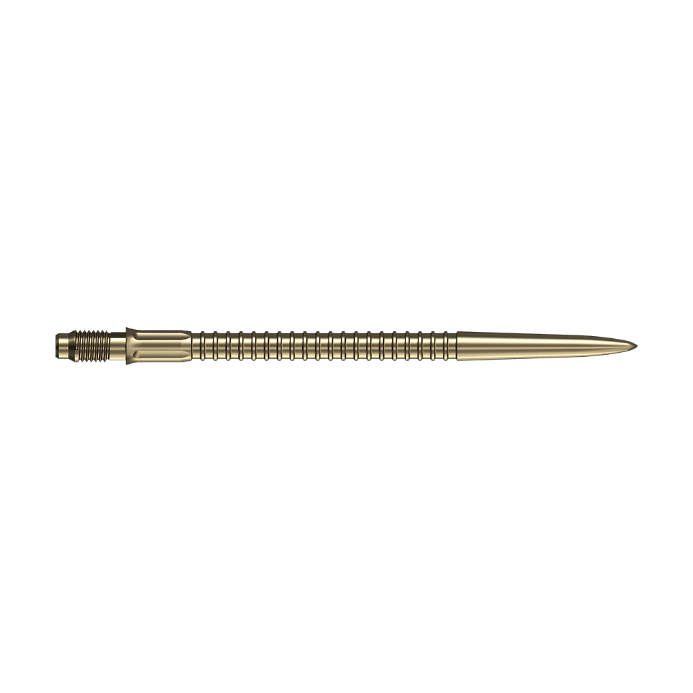 Mission R2.5 Rapid Point GV1 Dartspitzen - Gold Abgebildet sind goldene Dartspitzen von Mission R25 Rapid Point mit einer Länge von 40mm. Das Bild zeigt die Spitzen aus verschiedenen Perspektiven.