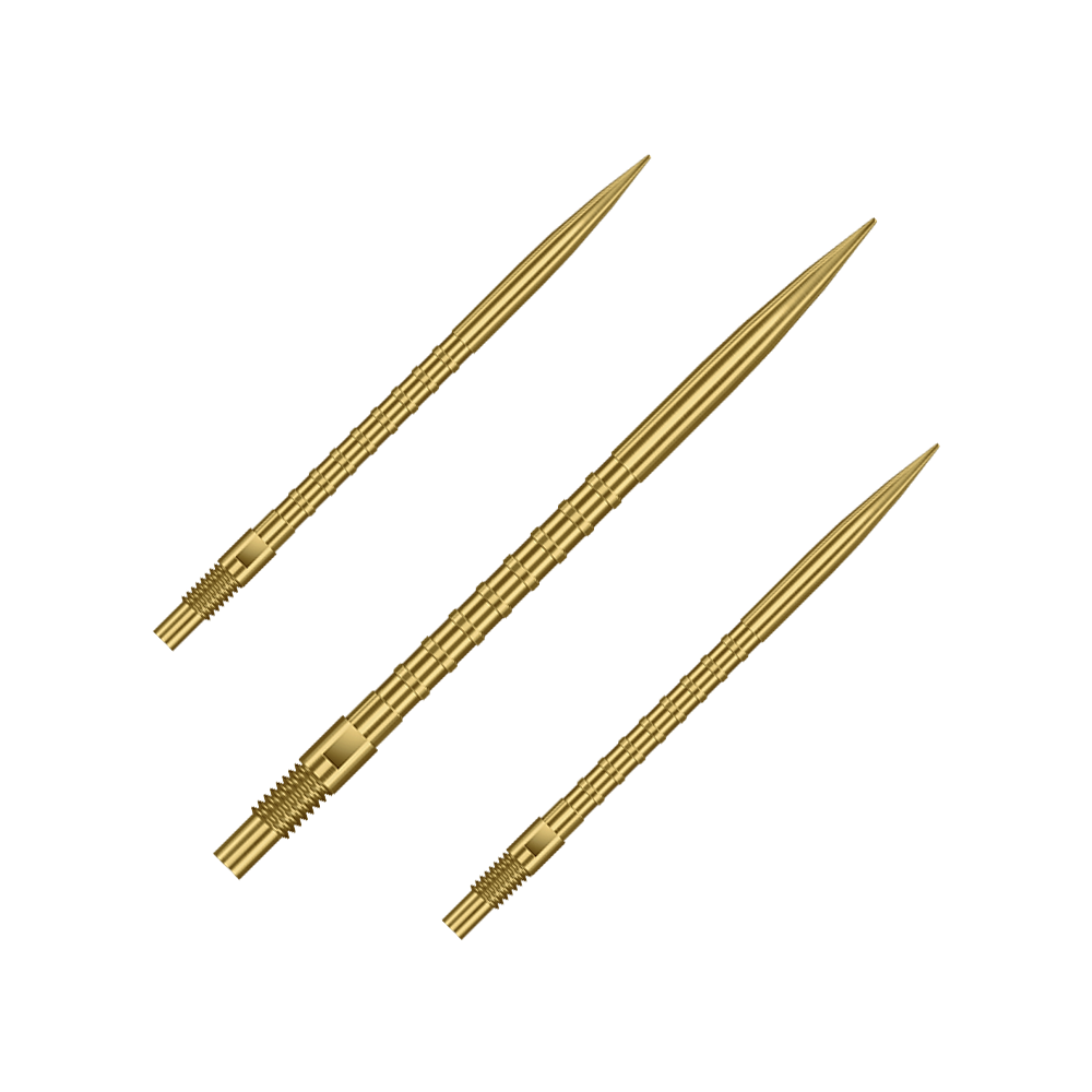 Das Bild zeigt Harrows Quick Point Heavy Metal Grip Dartspitzen in Gold mit einer Länge von 40mm. Es handelt sich um ein Set von Dartspitzen.