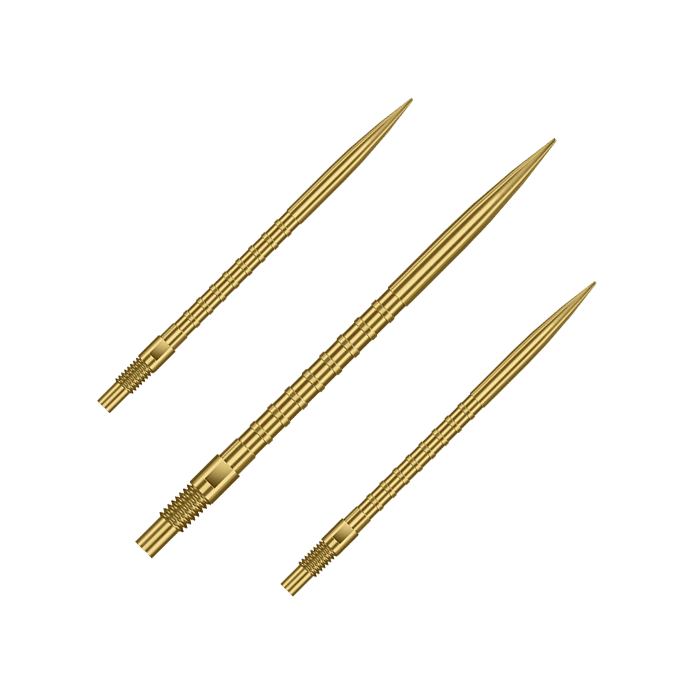 Harrows Quick Point Heavy Metal Dartspitzen - Gold Das Bild zeigt Harrows Quick Point Heavy Metal Grip Dartspitzen in Gold mit einer Länge von 40mm. Es handelt sich um ein Set von Dartspitzen.
