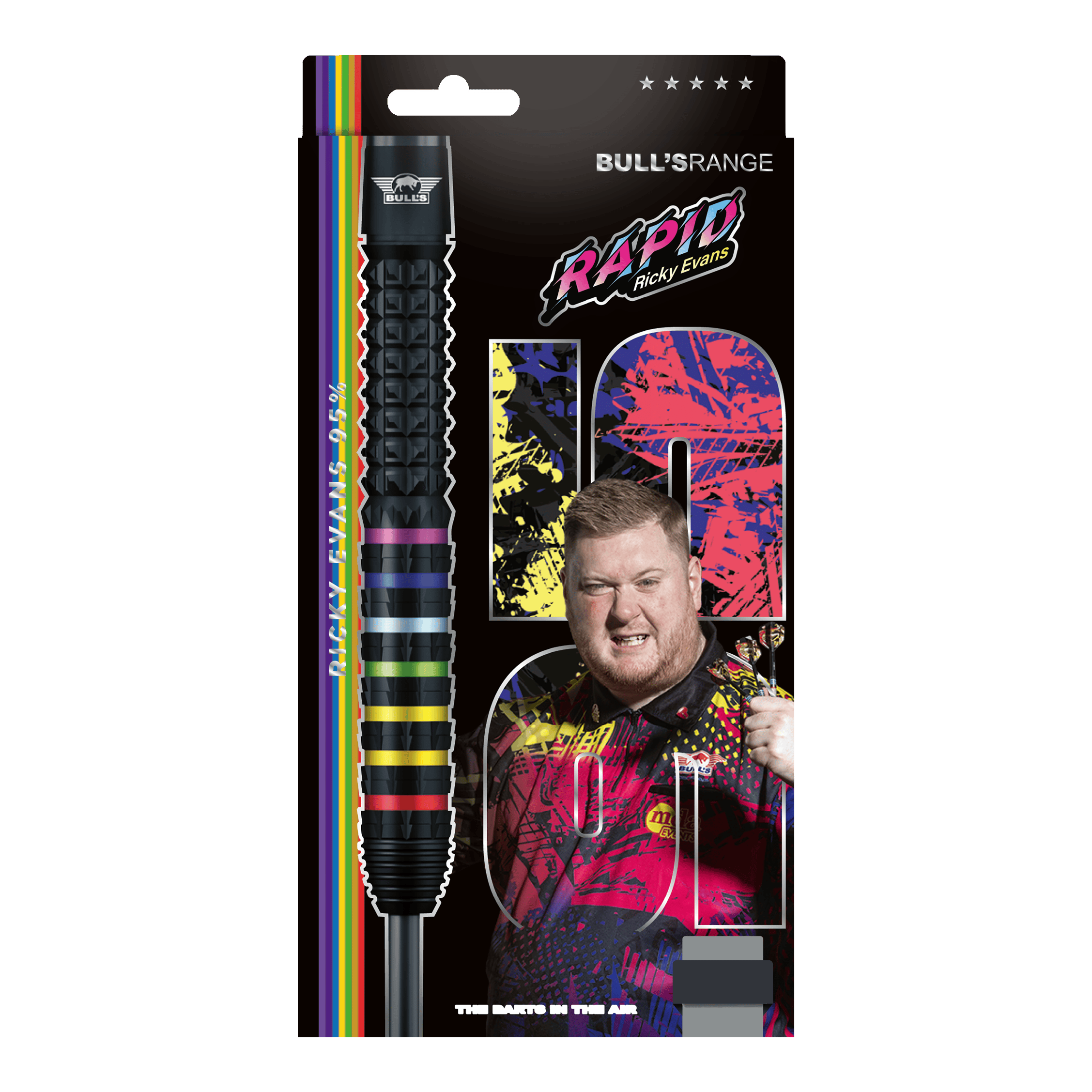 Bulls NL Ricky Evans Rapid 95 steel darts Das Foto zeigt die Bulls NL Ricky Evans Rapid 95 Steeldarts in der 23g-Ausführung. Die Darts werden aus einer anderen Perspektive dargestellt.