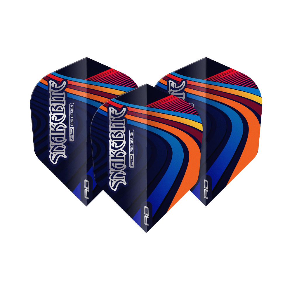 Letky Red Dragon Peter Wright Snakebite Multi Swirl č. 6 Das Bild zeigt drei bunte Dart-Flights mit dem Schriftzug "Snakebite". Die Flights haben ein auffälliges Muster in Blau, Orange, Rot und Gelb.